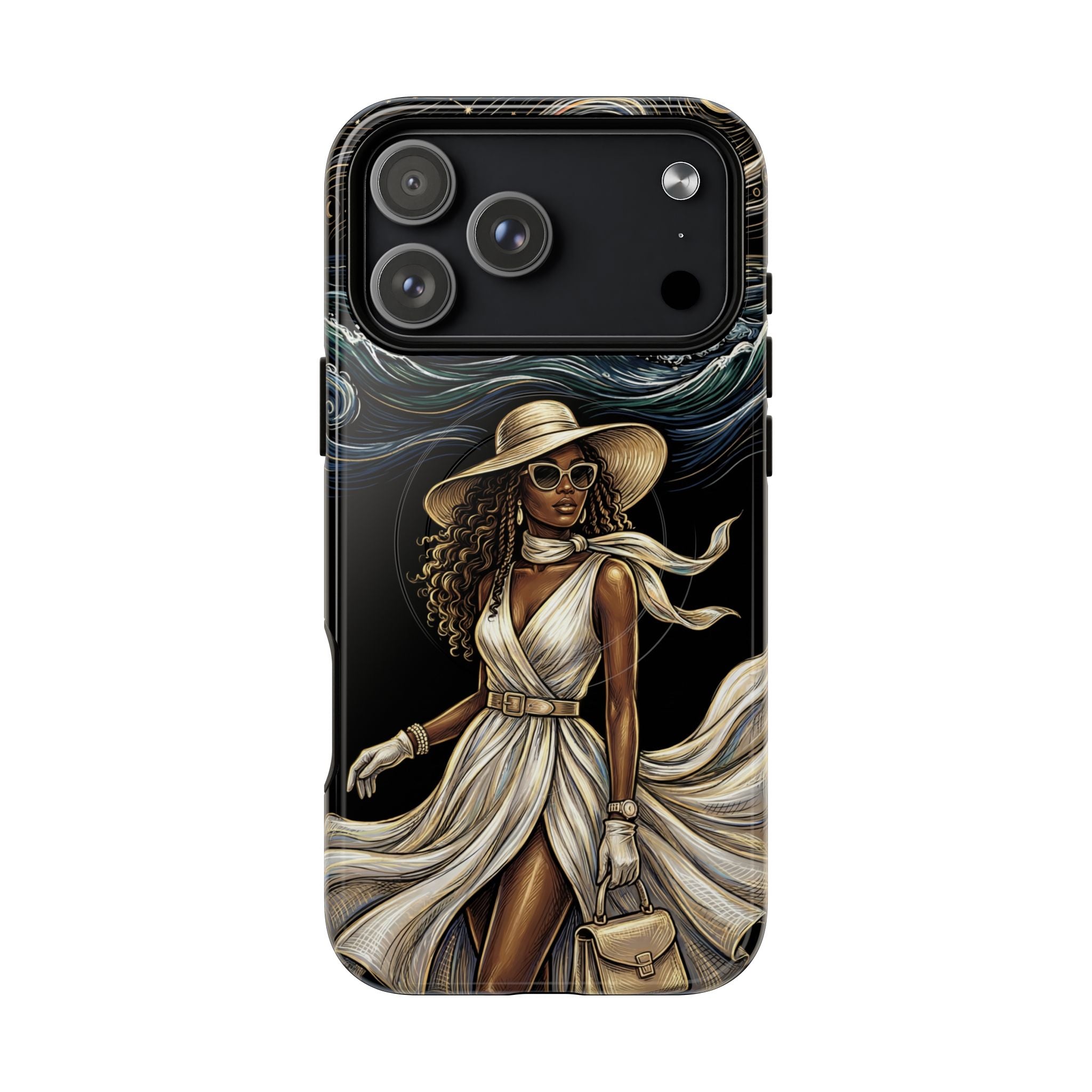 MagSafe iPhone Case | Elegant Black Woman in Flowing Dress by the Sea