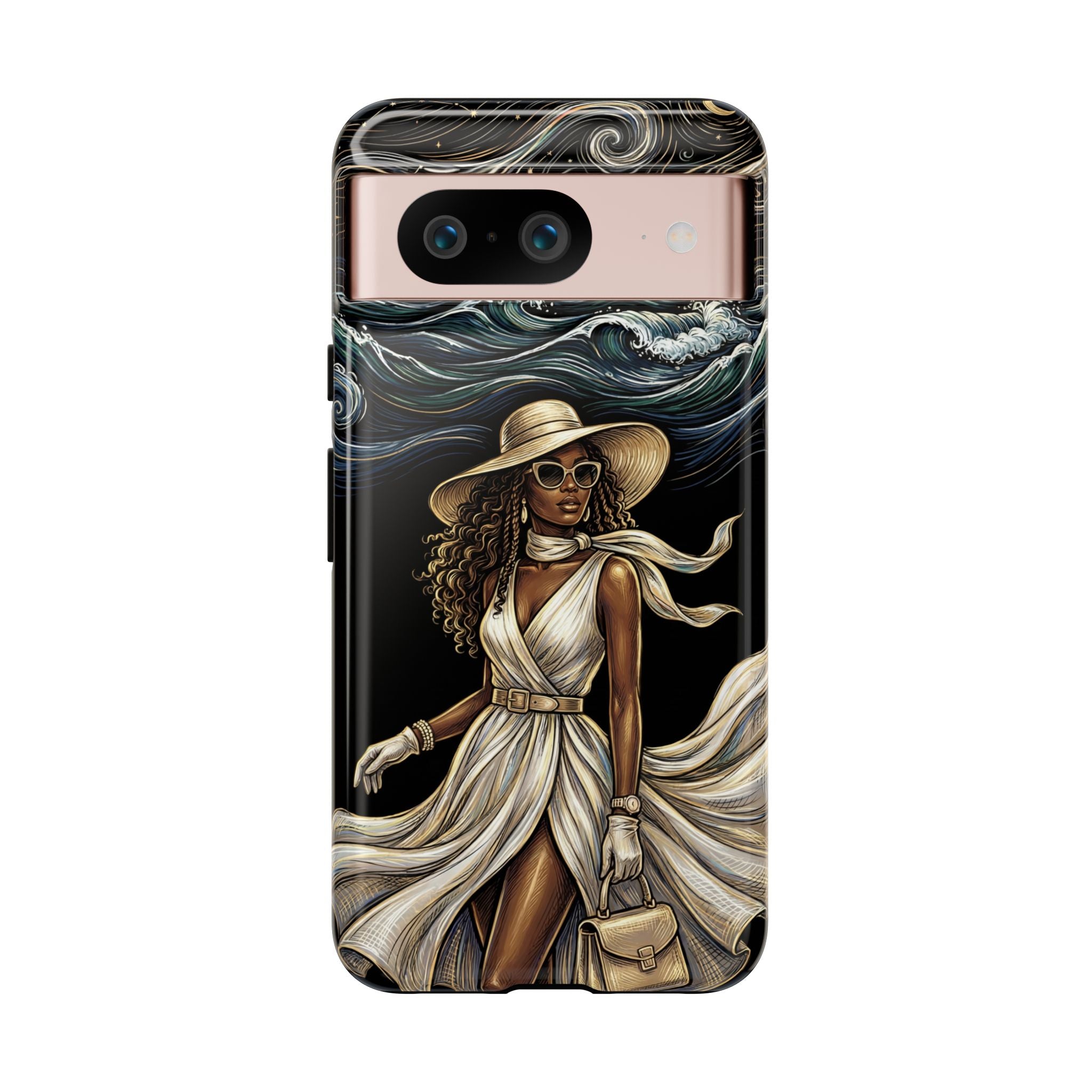 Google Pixel Phone Case | Elegant Black Woman in Flowing Dress by the Sea
