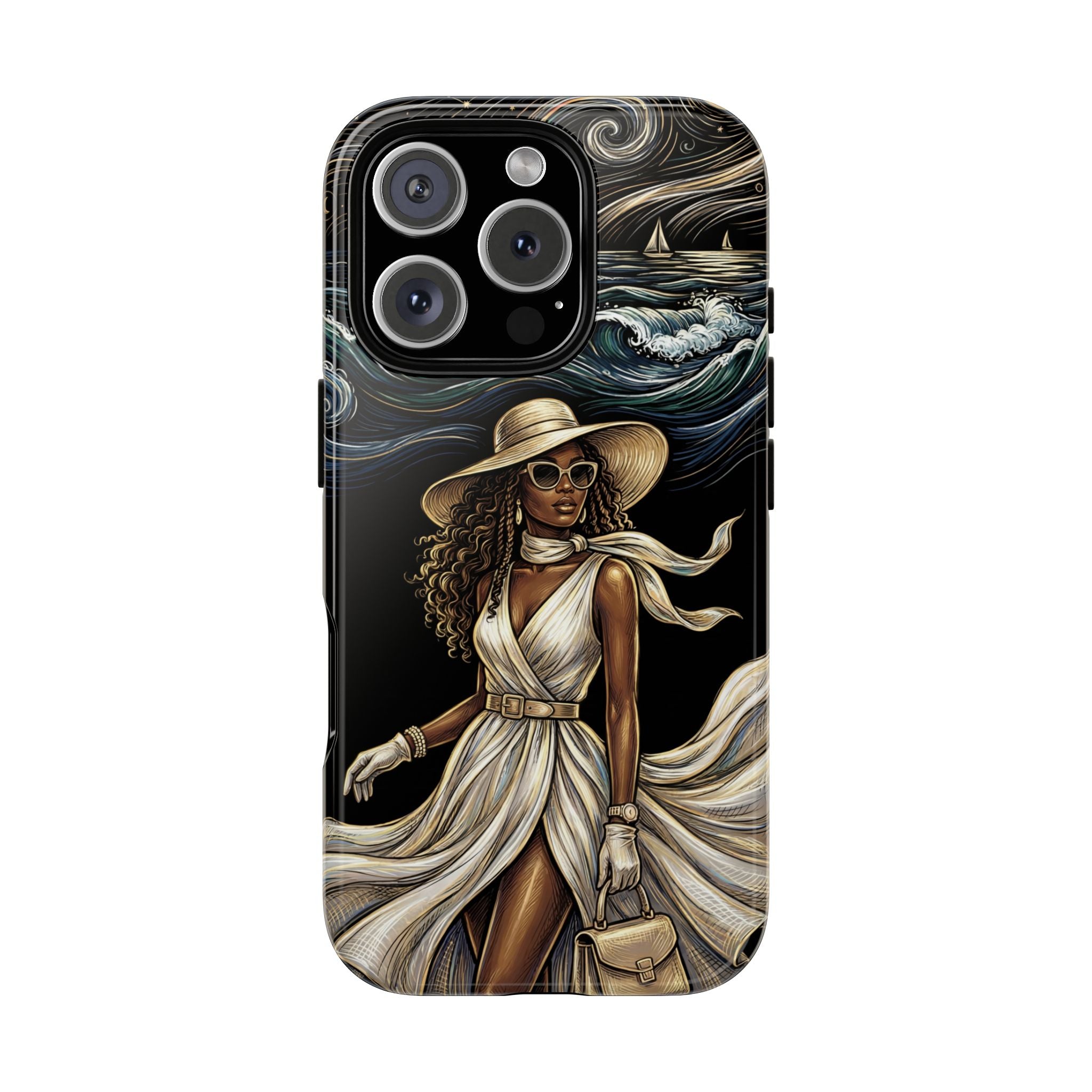 iPhone Case | Elegant Black Woman in Flowing Dress by the Sea