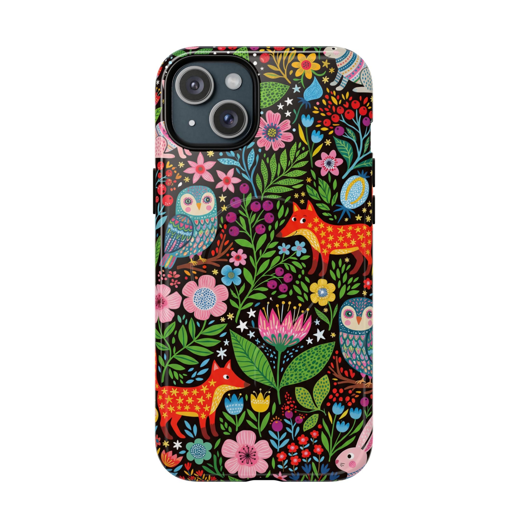 Floral Woodland MagSafe iPhone Case | Colourful Fox & Owl Protective Cover