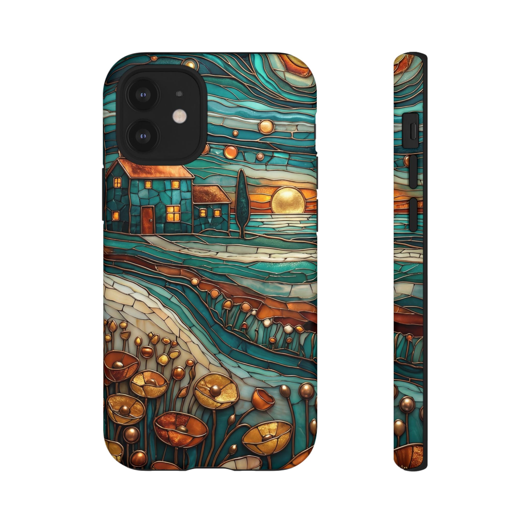 Artistic Sunset Cottage iPhone Case | Whimsical Floral Landscape Protective Cover