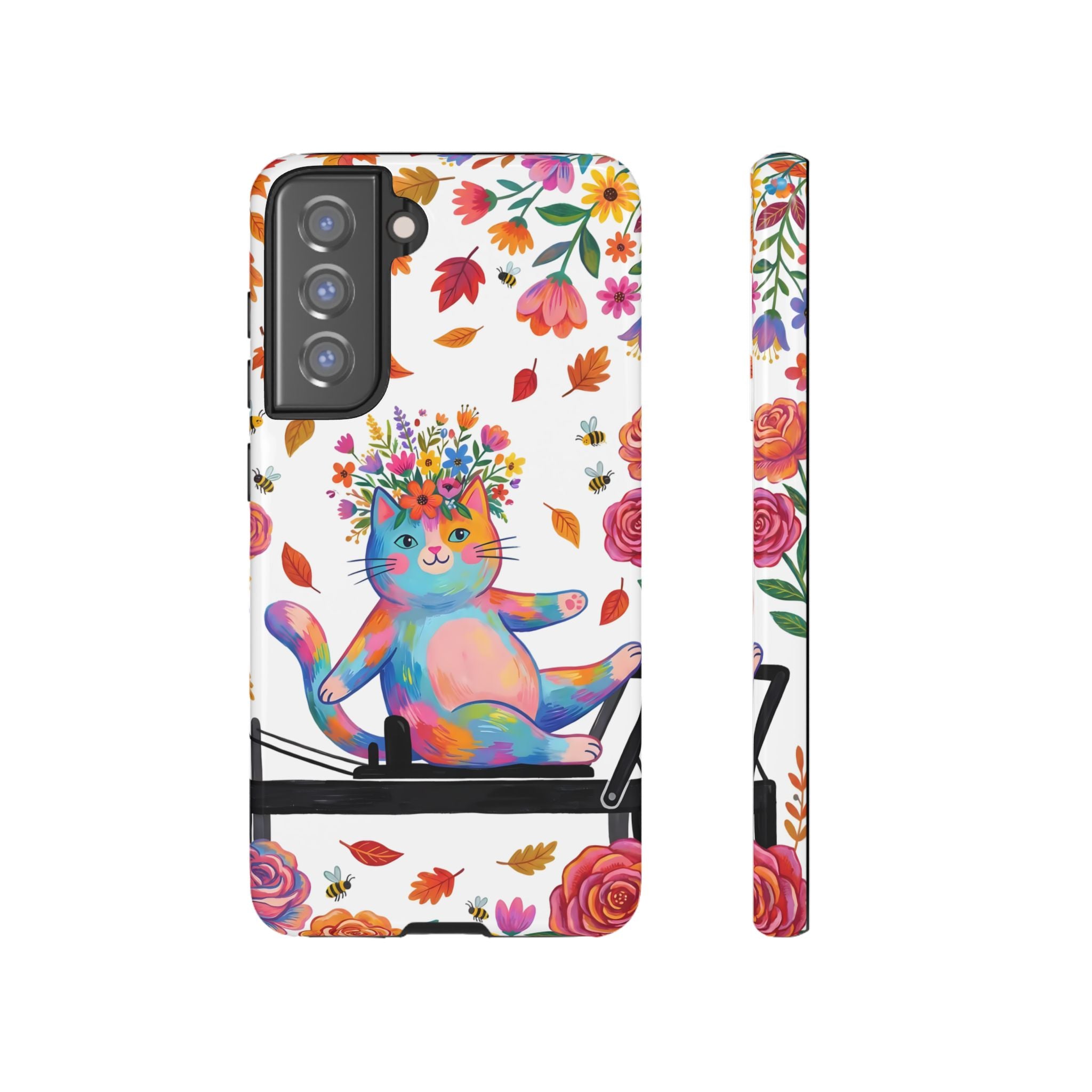 Colorful Floral Cat on Pilates Reformer Protective Samsung Galaxy Phone Case