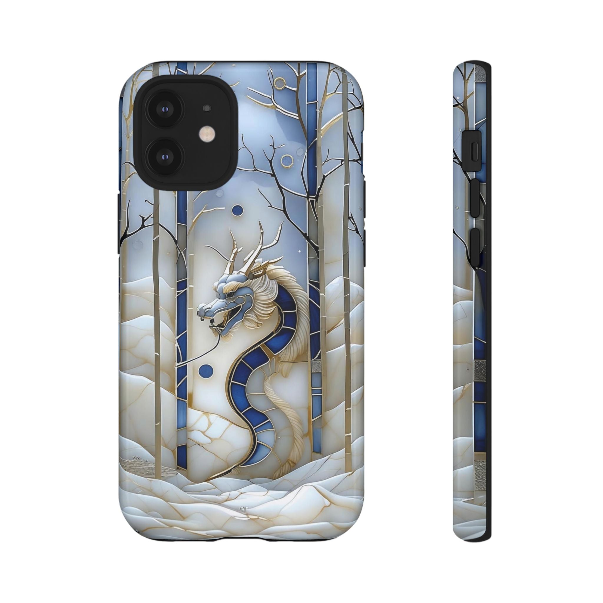 Dragon Stained Glass iPhone Case — Blue Winter Forest Protective Cover