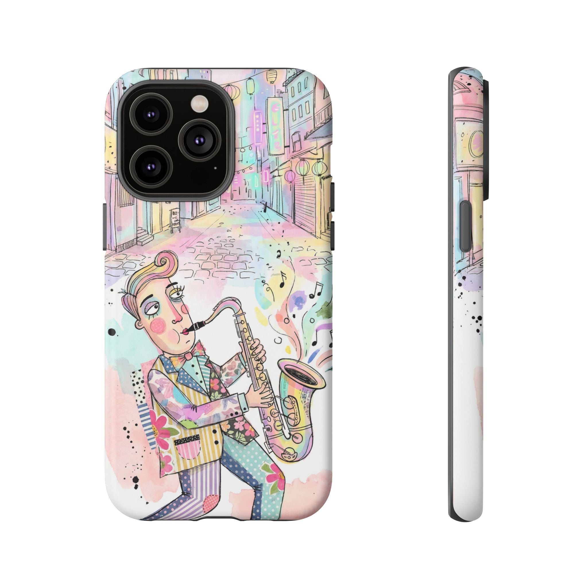 Sax Player Art iPhone Case | Pastel Jazz Street Illustration