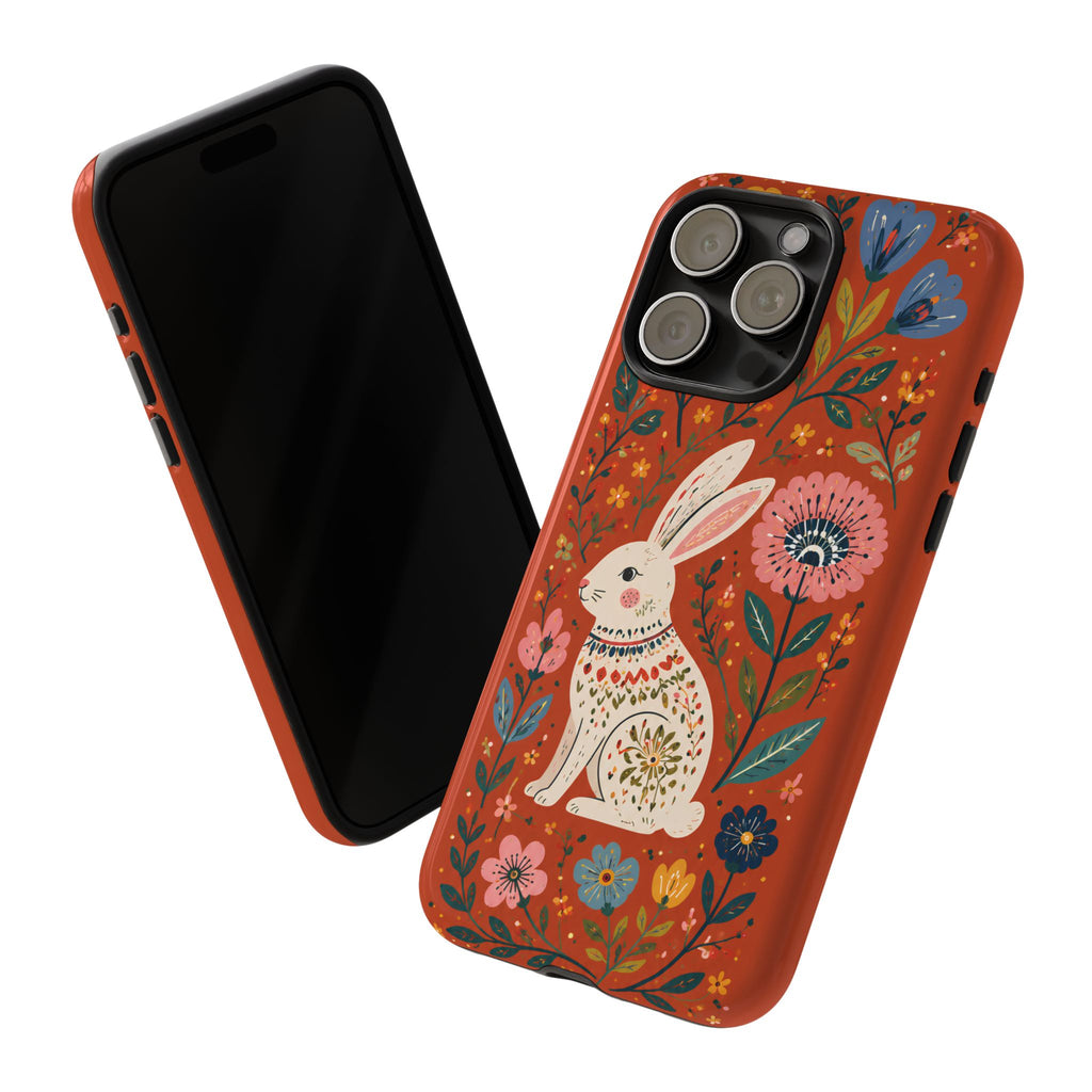 Floral Rabbit Tough iPhone Case | Protective Phone Case with Folk Art Bunny Design