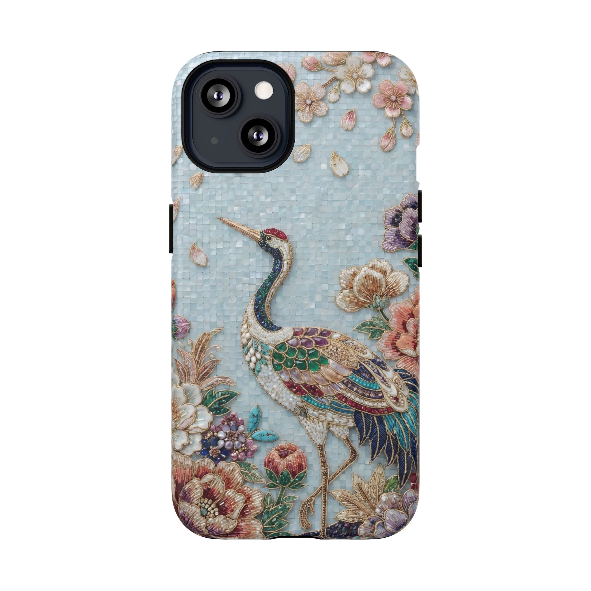 Floral Crane Tough MagSafe iPhone Case | Vintage Embroidered Bird Protection