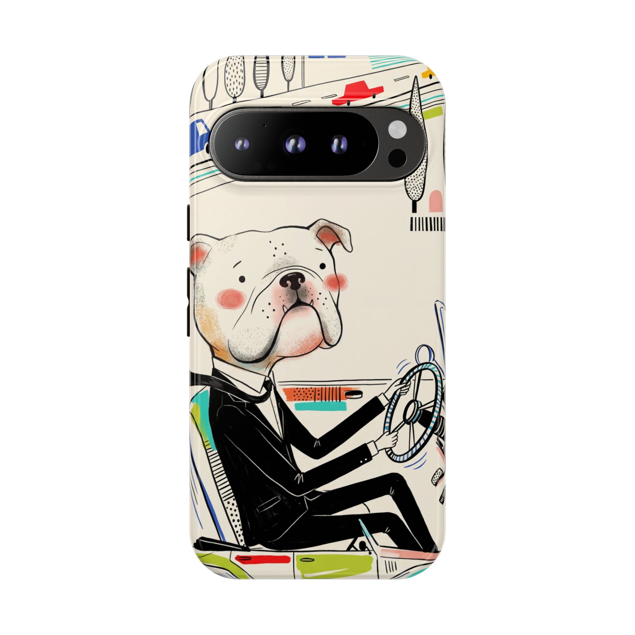 Bulldog Driver Google Pixel Phone Case | Cute Retro Dog Illustration