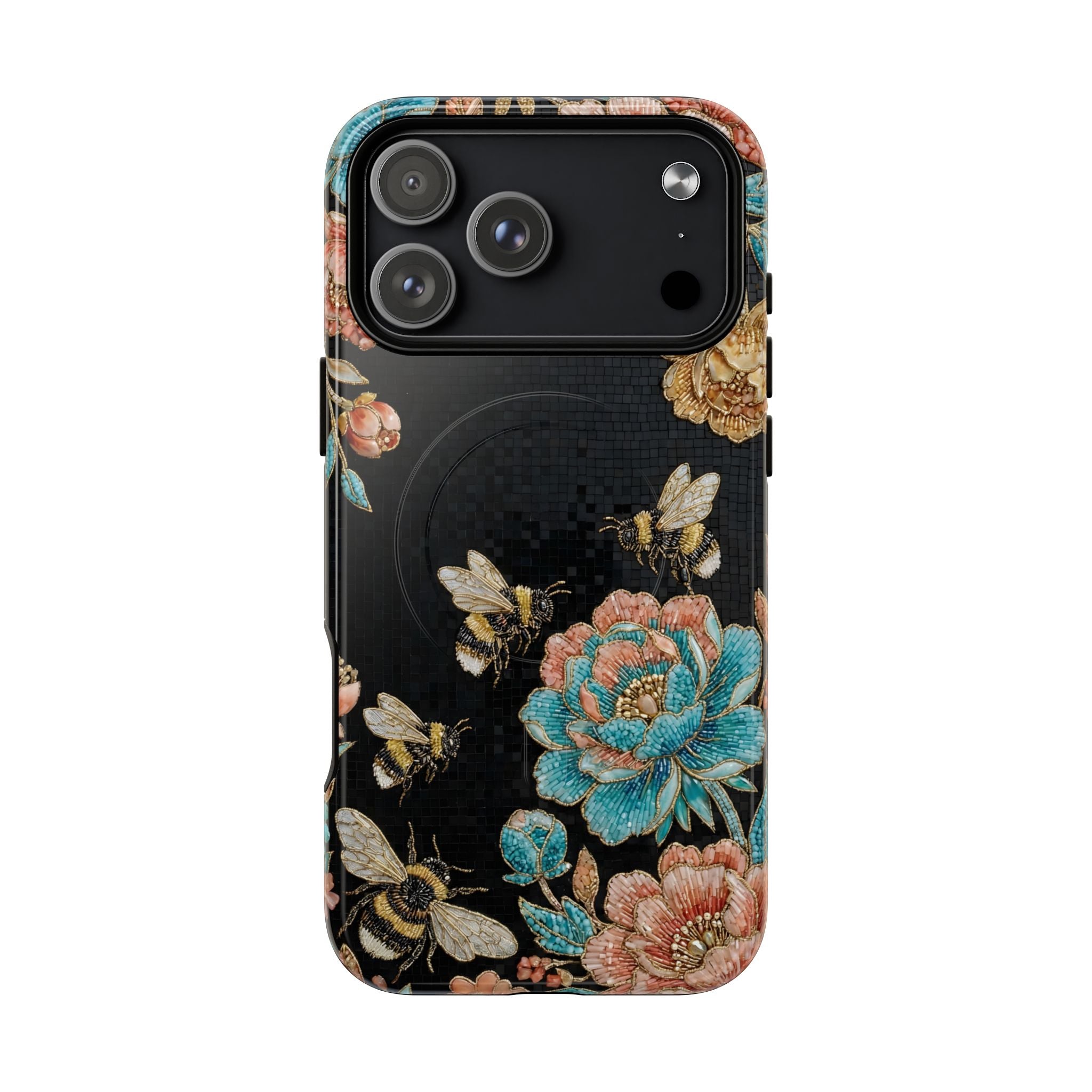 Floral Bees Tough MagSafe iPhone Case | Vintage Rose & Bumblebee Protective Cover