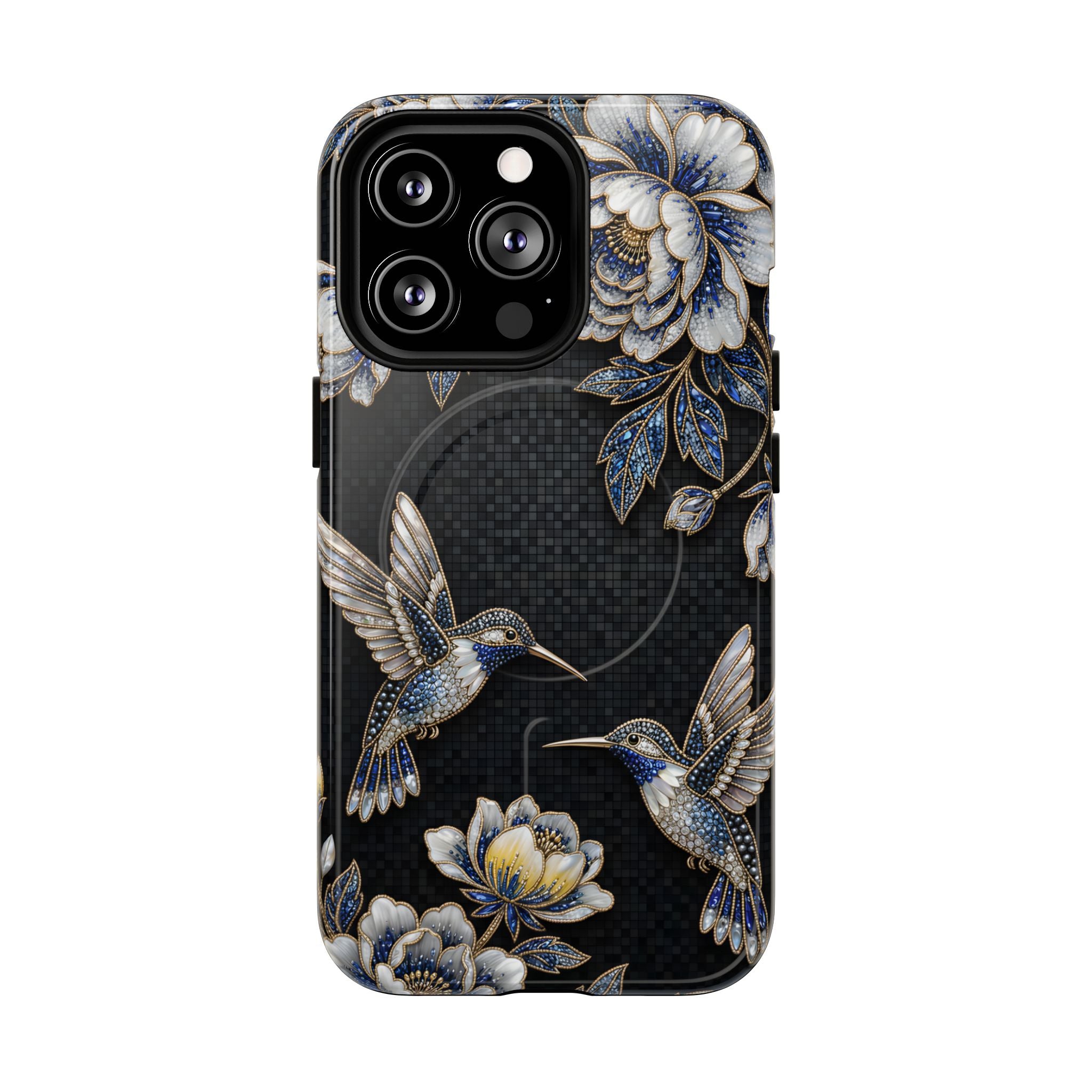 Hummingbird & Peony Floral MagSafe iPhone Case | Elegant Black Protective Cover