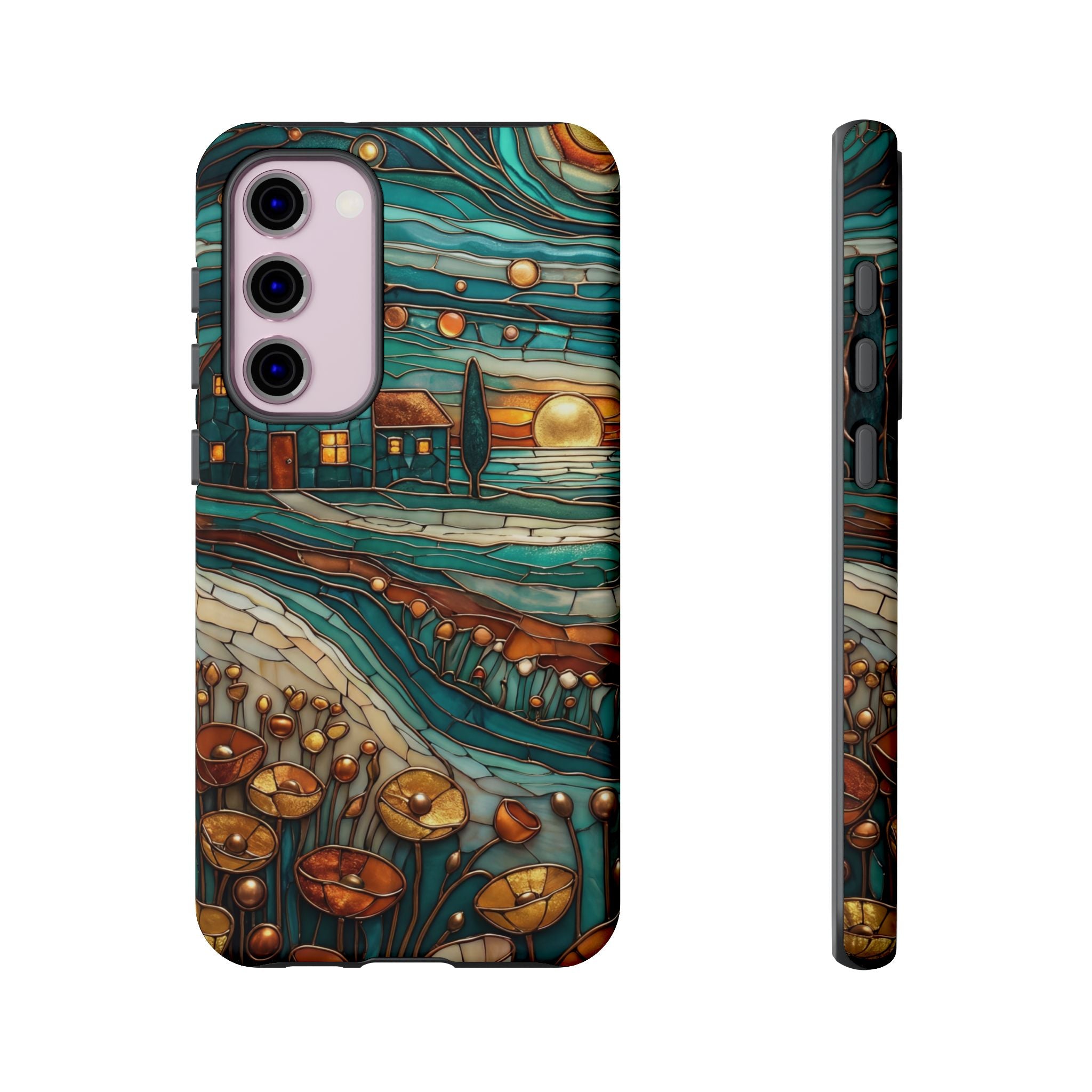 Artistic Sunset Cottage Samsung Galaxy Case | Whimsical Floral Landscape Protective Cover