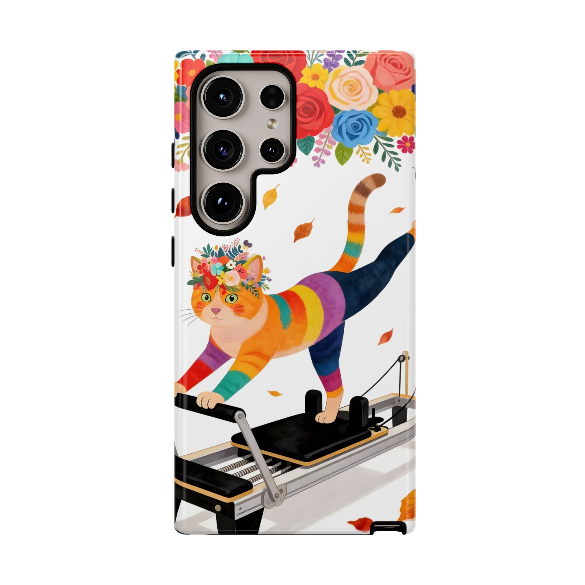 Cat Pilates Samsung Galaxy Phone Case | Floral Rainbow Cat on Reformer