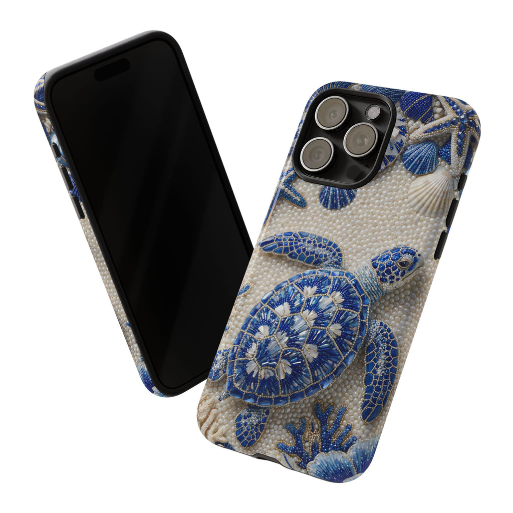 Cover per iPhone con motivo in ceramica blu a tartaruga marina