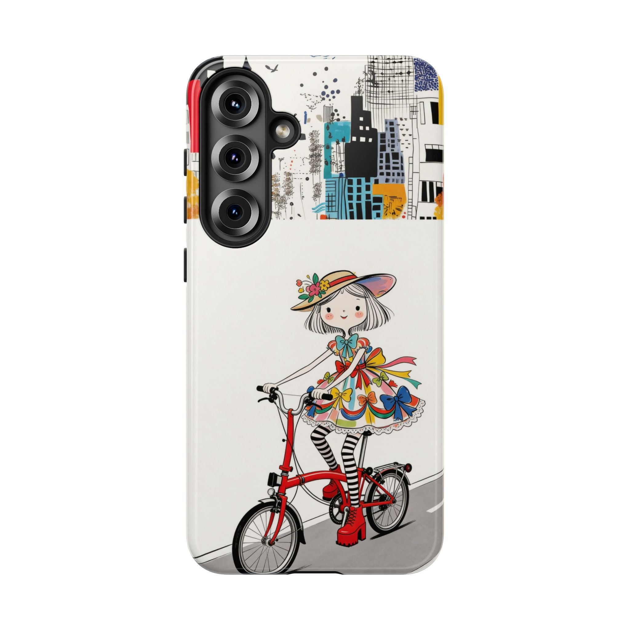 Whimsical Girl on Brompton Bicycle Urban Illustration Samsung Galaxy Phone Case