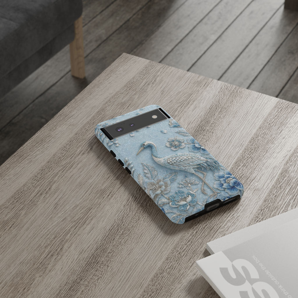 Blue Crane Floral Google Pixel Phone Case | Vintage Embossed Bird Design
