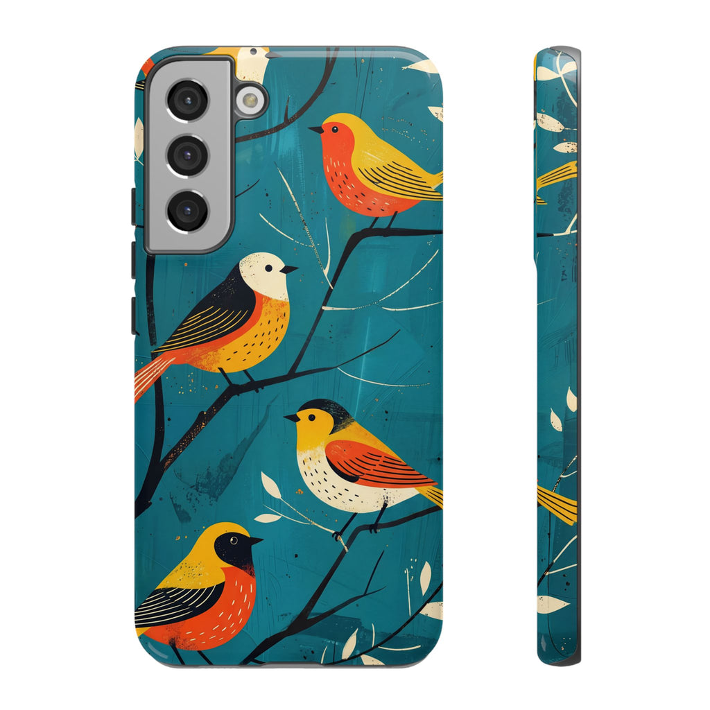 Bird Pattern Tough Samsung Galaxy Phone Case | Colourful Songbirds on Teal Background