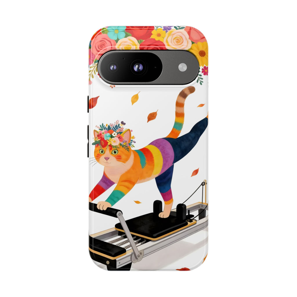 Custodia per telefono Google Pixel Cat Pilates | Gatto floreale arcobaleno sul Reformer