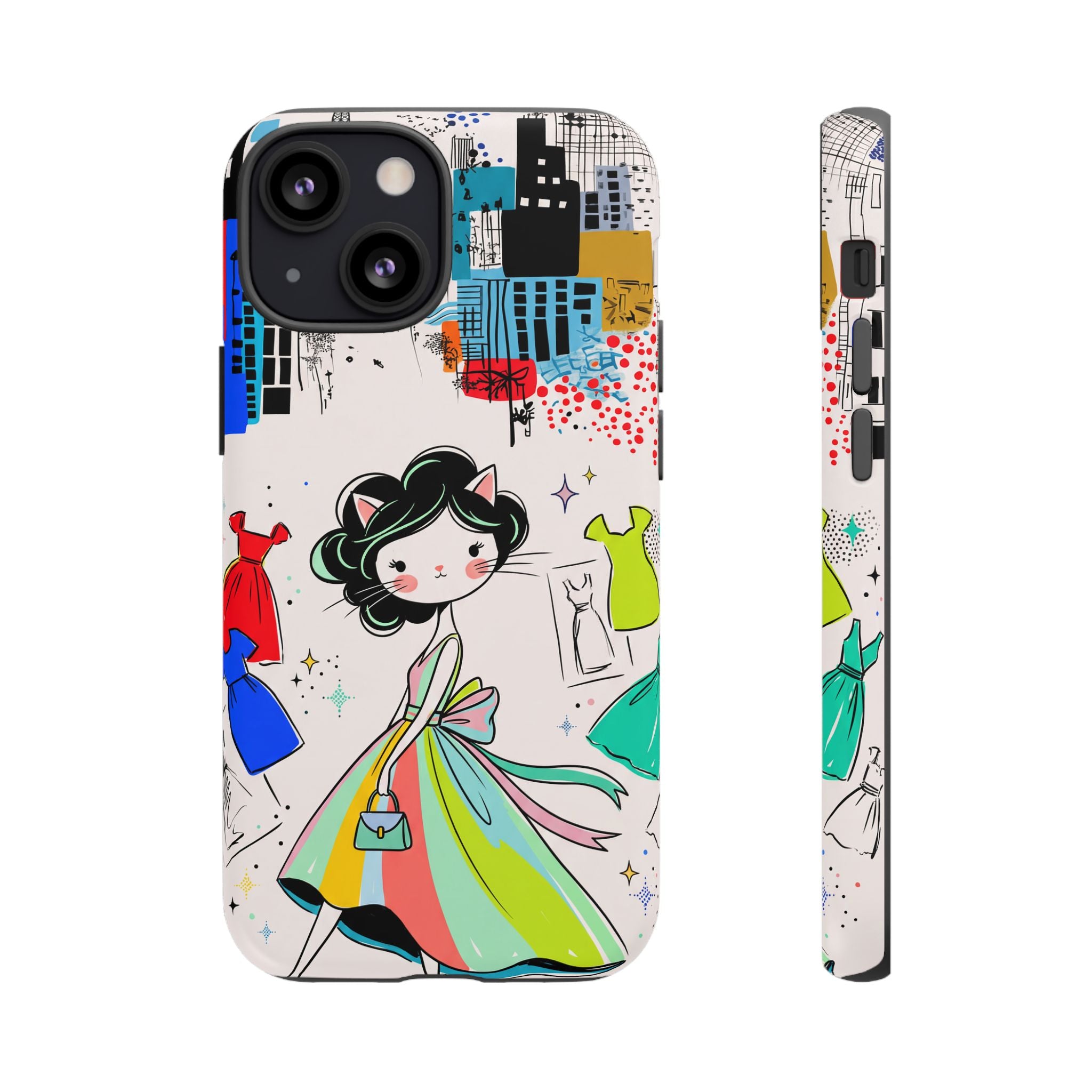 Retro Fashion Cat Girl iPhone Case | Cute Dress & City Print