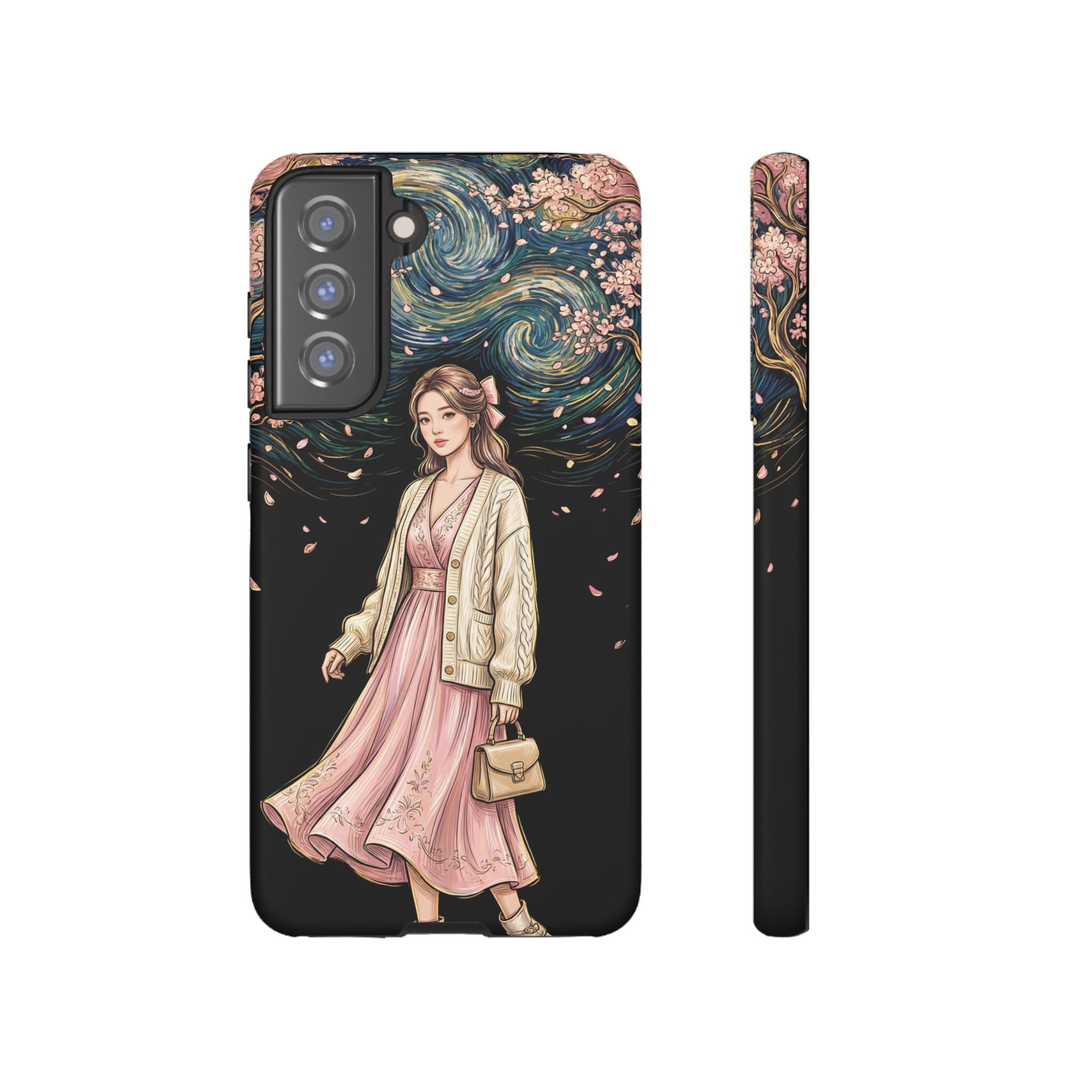 Floral Starry Night Samsung Galaxy Phone Case | Elegant Girl in Pink Dress