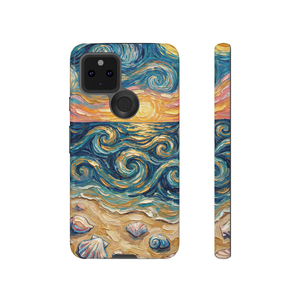 Sea Sunset Google Pixel Case — Van Gogh‑Style Beach Waves with Shells