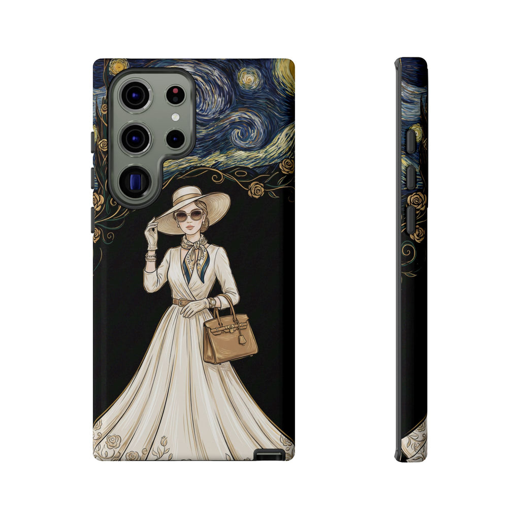 Vintage Starry Night Fashion Samsung Galaxy Phone Case | Elegant Lady in White Dress