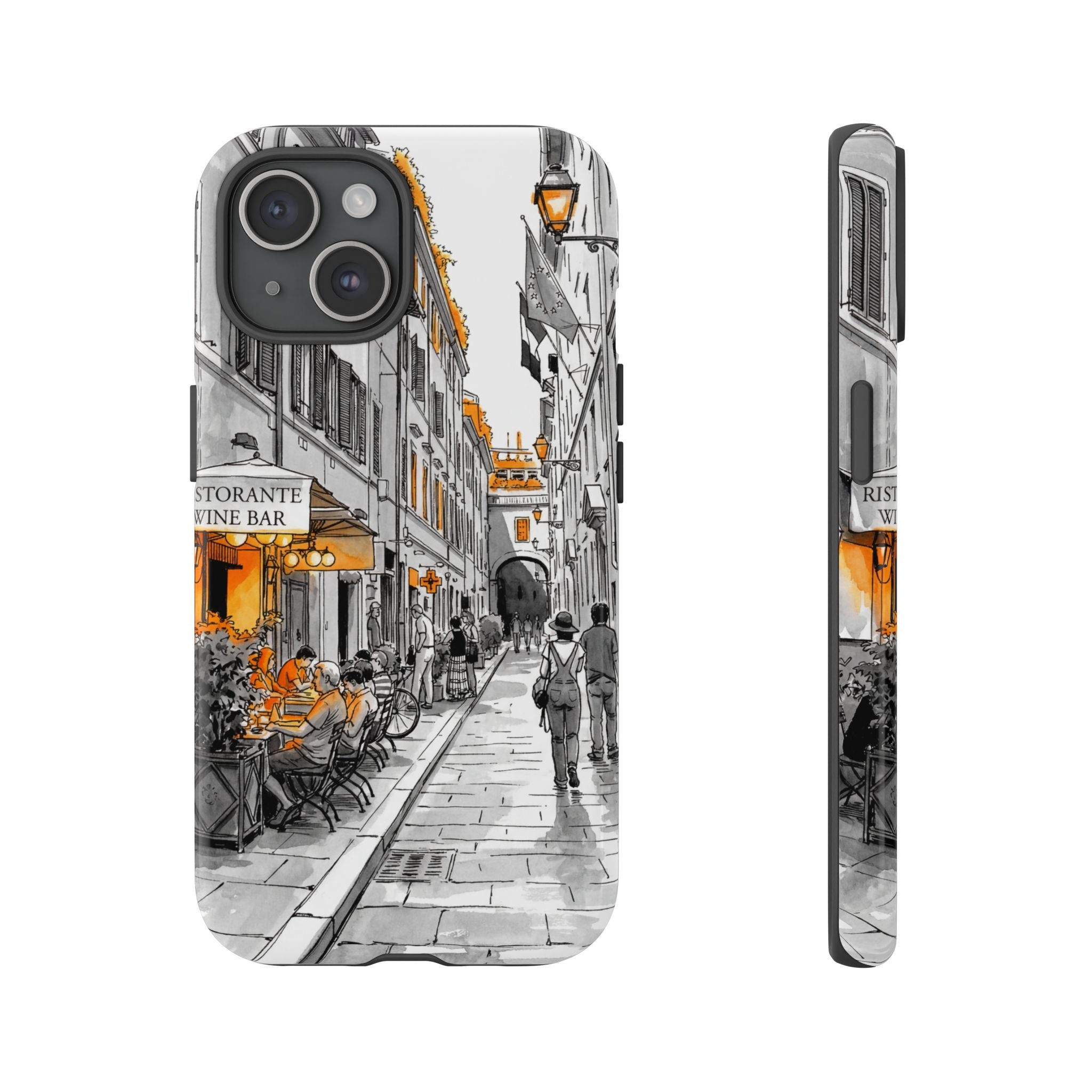 Vintage Italy Street iPhone Case | Black & White Sketch with Orange Accent