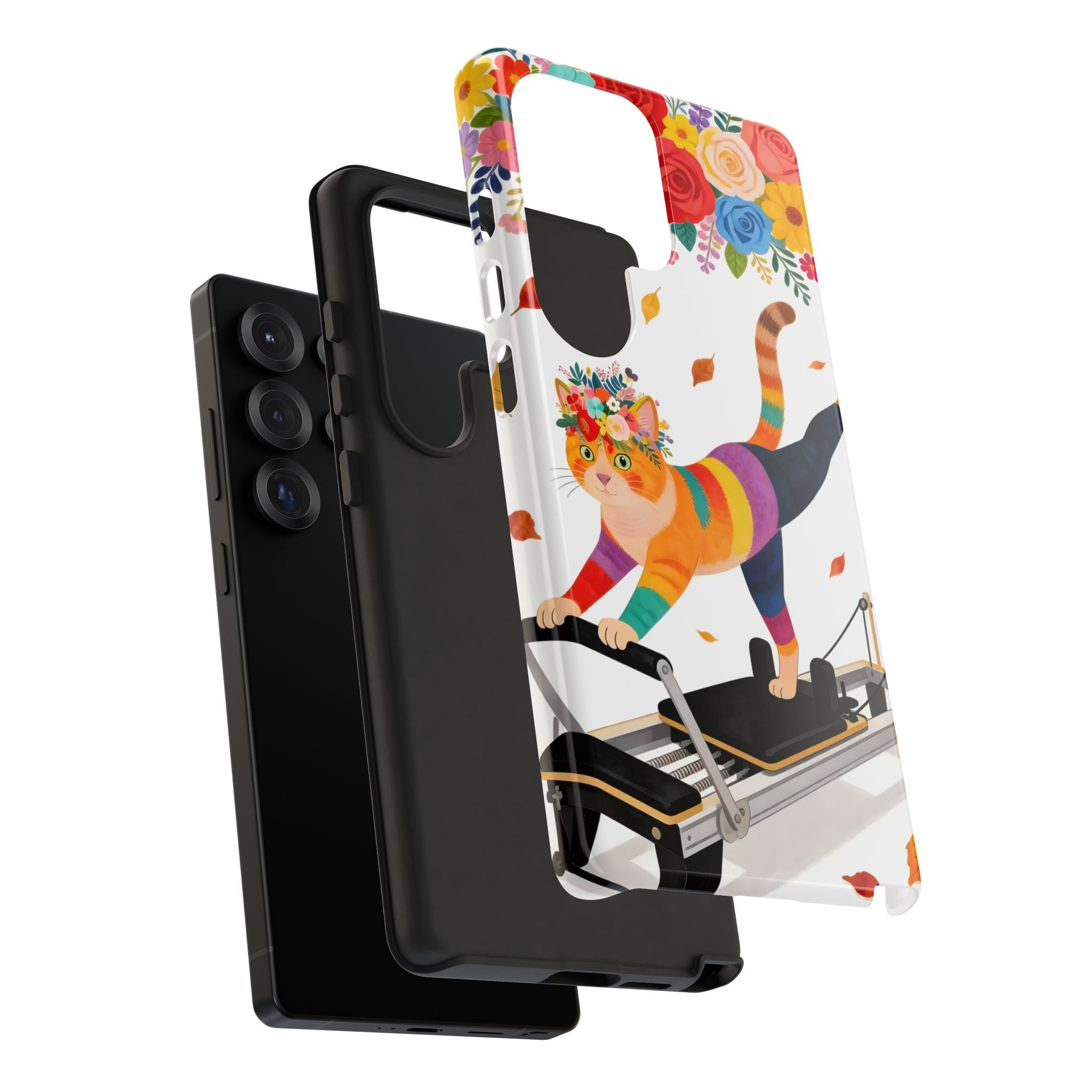 Cat Pilates Samsung Galaxy Phone Case | Floral Rainbow Cat on Reformer
