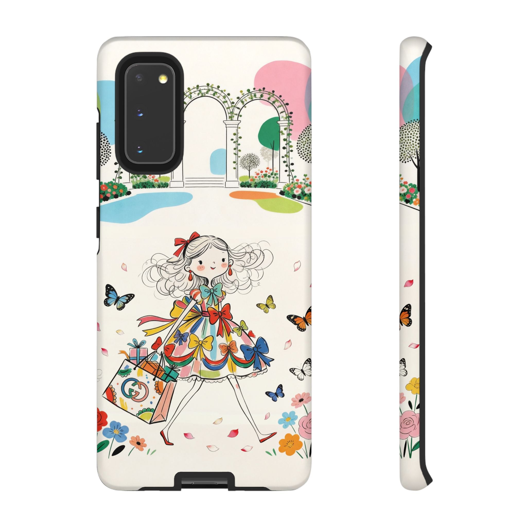 Whimsical Shopping Girl Samsung Galaxy Phone Case | Cute Floral Butterfly Tough Case