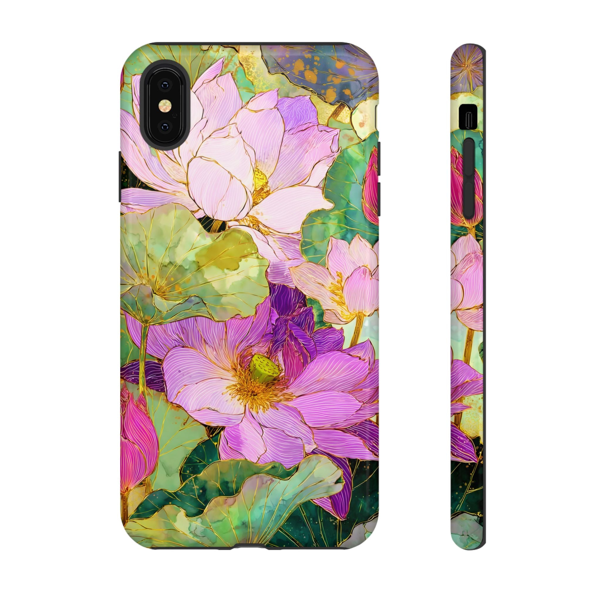 Floral Watercolor Tough iPhone Case | Pink Lotus Garden Protective Cover