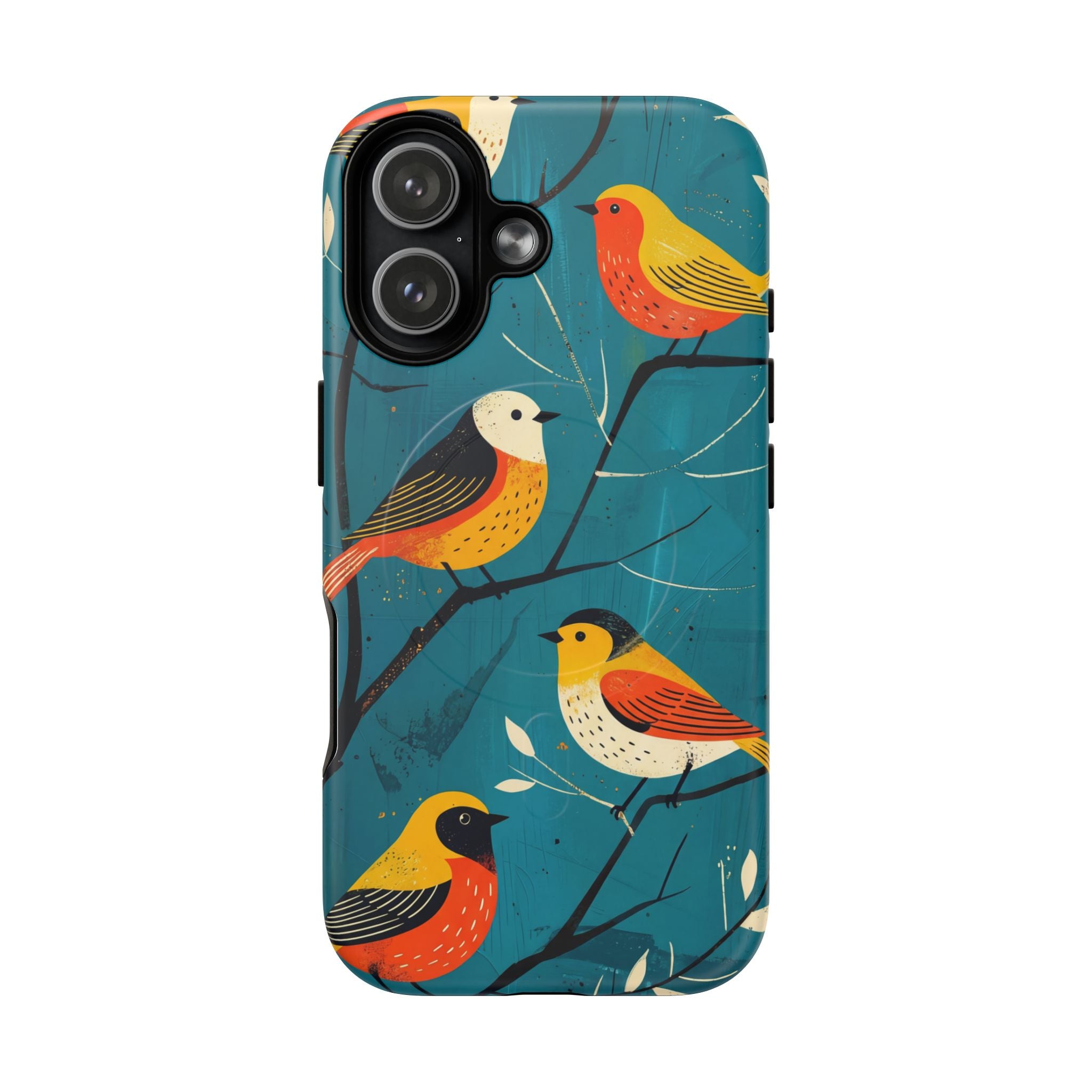 Bird Pattern Tough MagSafe iPhone Case | Colourful Songbirds on Teal Background