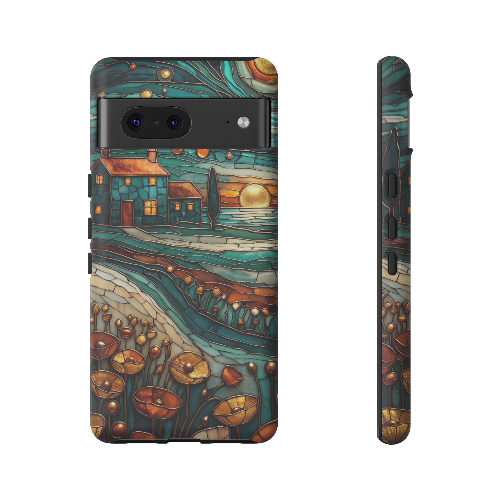 Artistic Sunset Cottage Google Pixel Case | Whimsical Floral Landscape Protective Cover