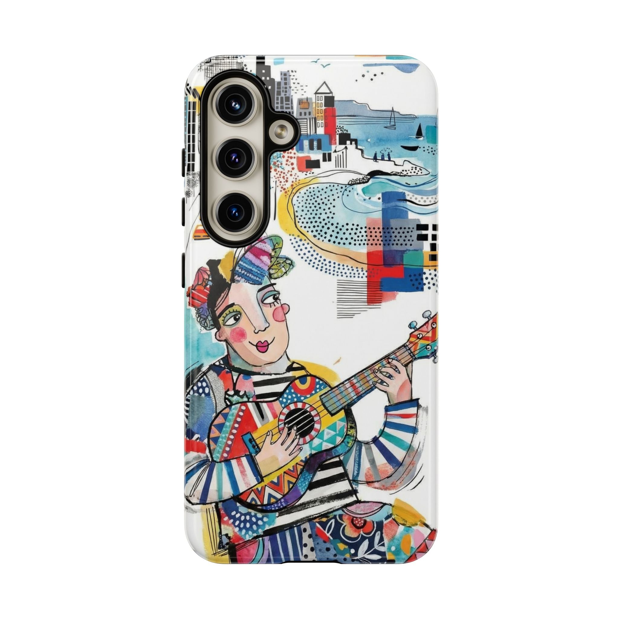 Custodia per Samsung Galaxy per Musicisti Artistici | Custodia Resistente con Chitarra Colorata e Paesaggio Urbano