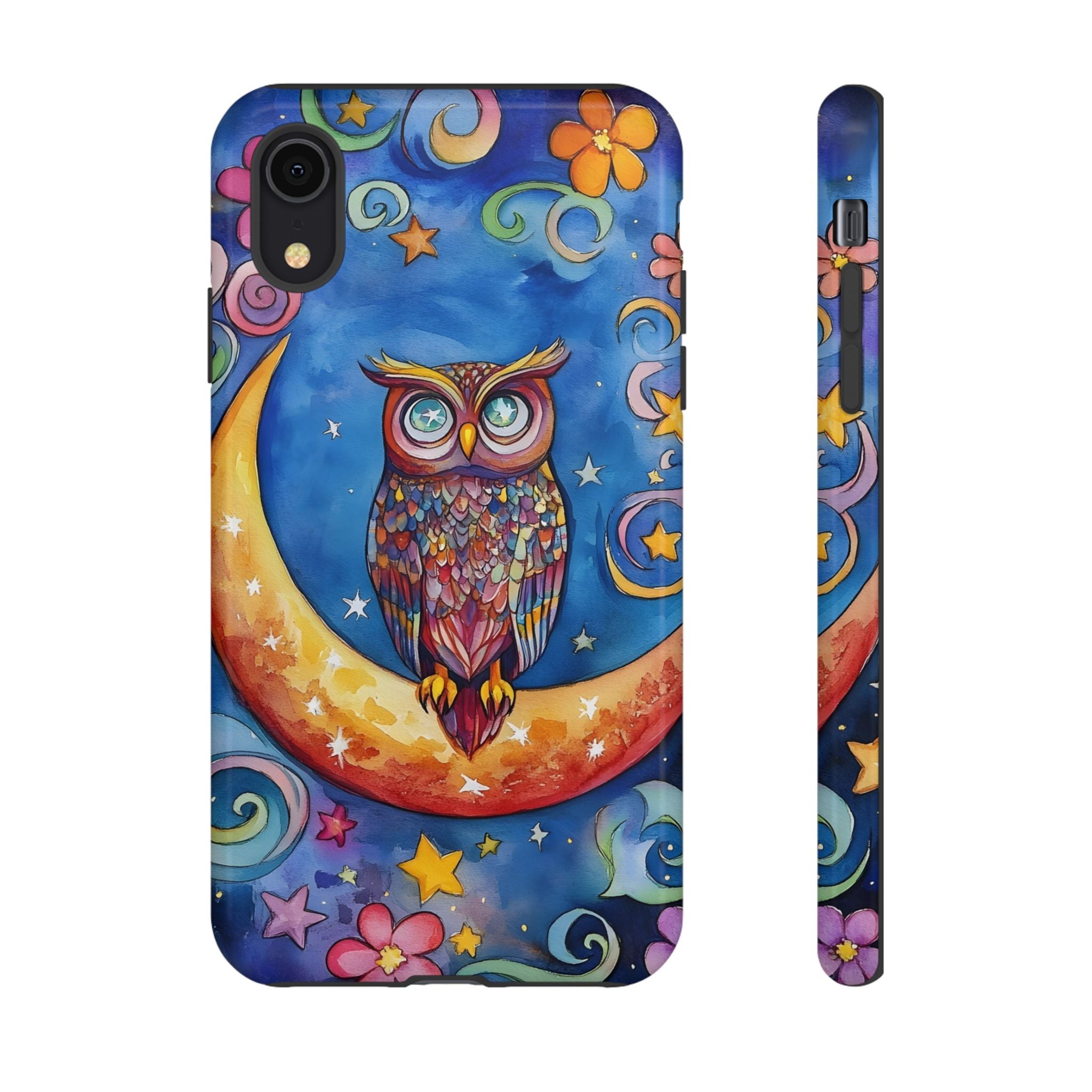 Owl on Crescent Moon iPhone Case — Colourful Whimsical Night Sky Design