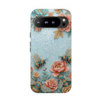 Floral Bees Google Pixel Phone Case | Vintage Rose & Turquoise Protective Cover