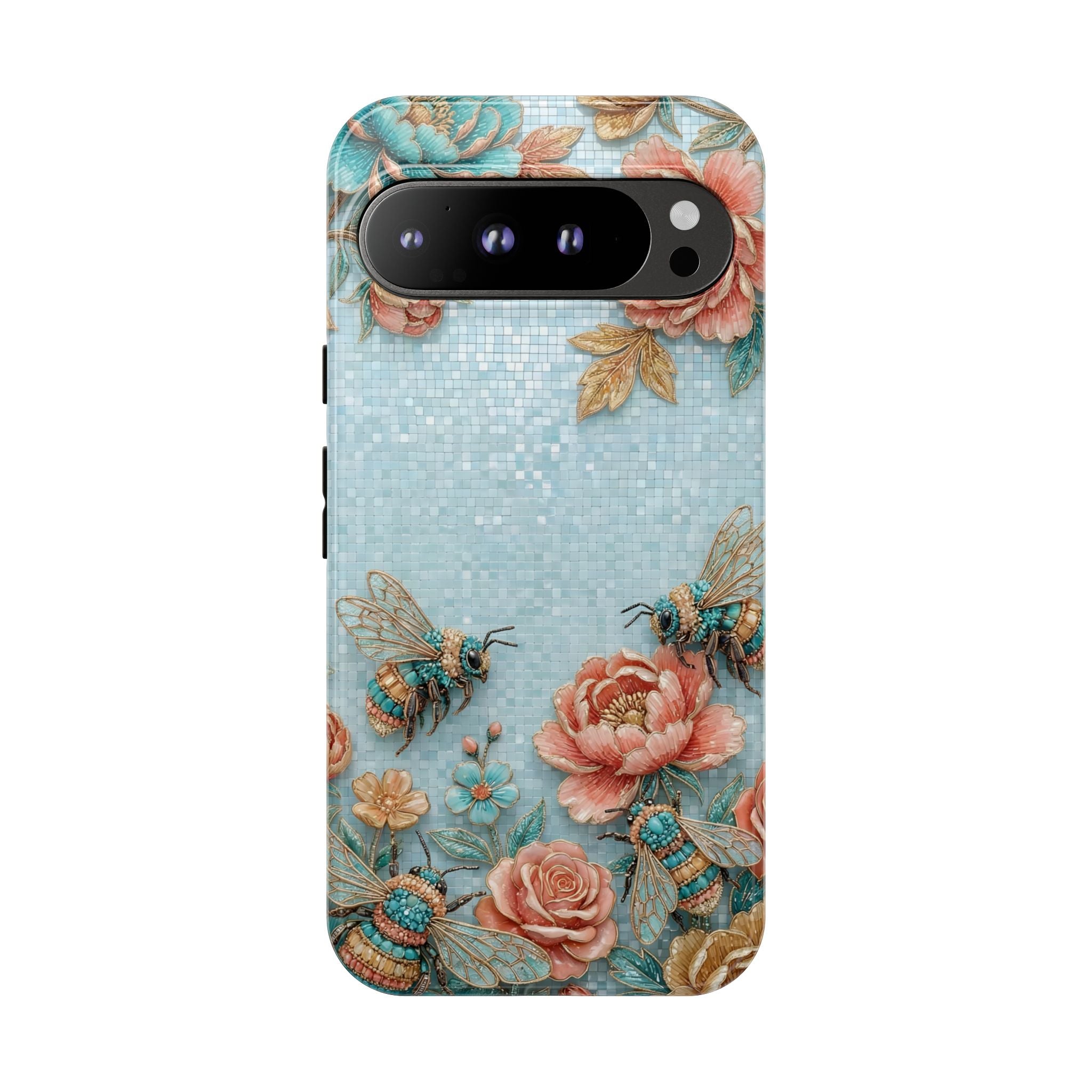 Floral Bees Google Pixel Phone Case | Vintage Rose & Turquoise Protective Cover