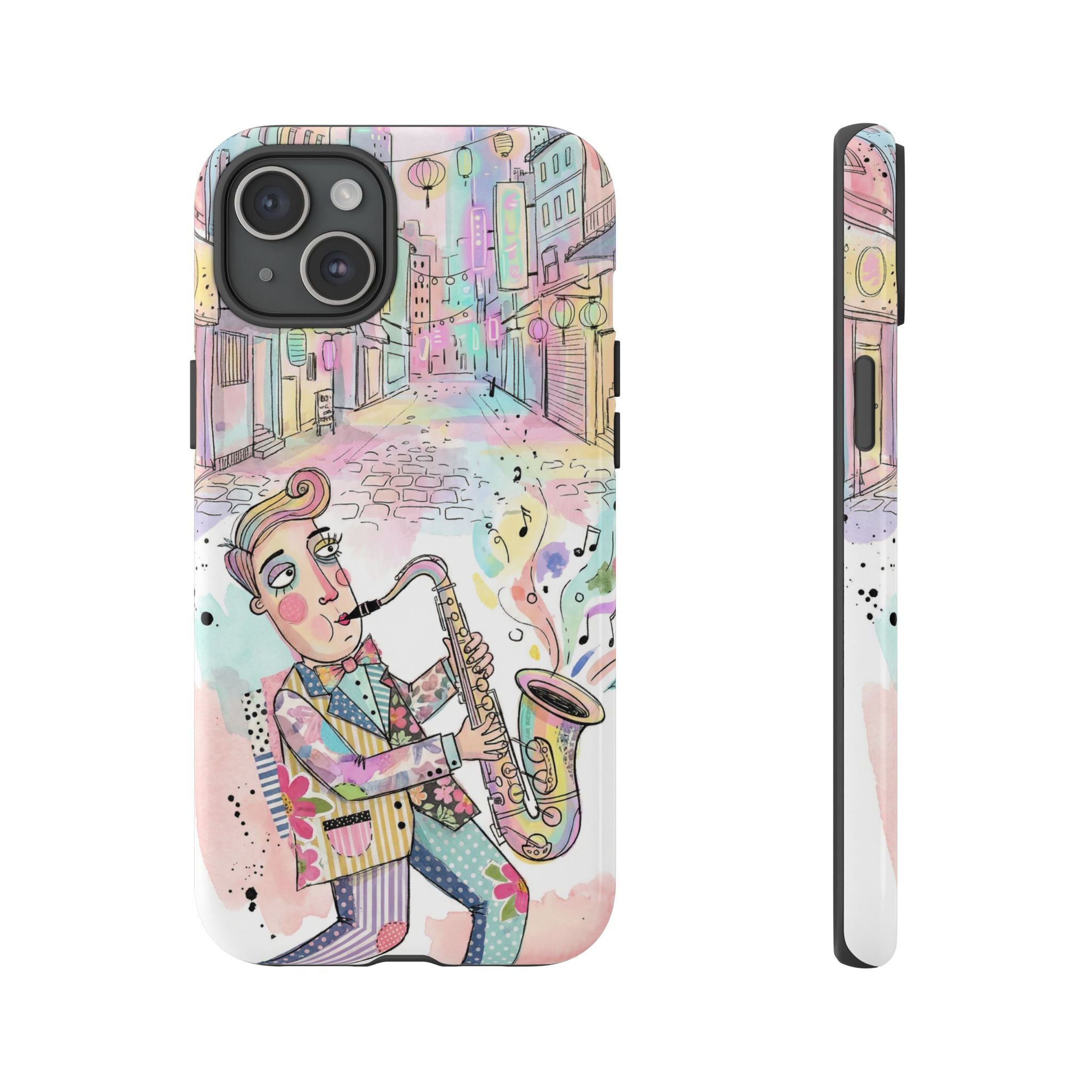 Sax Player Art iPhone Case | Pastel Jazz Street Illustration