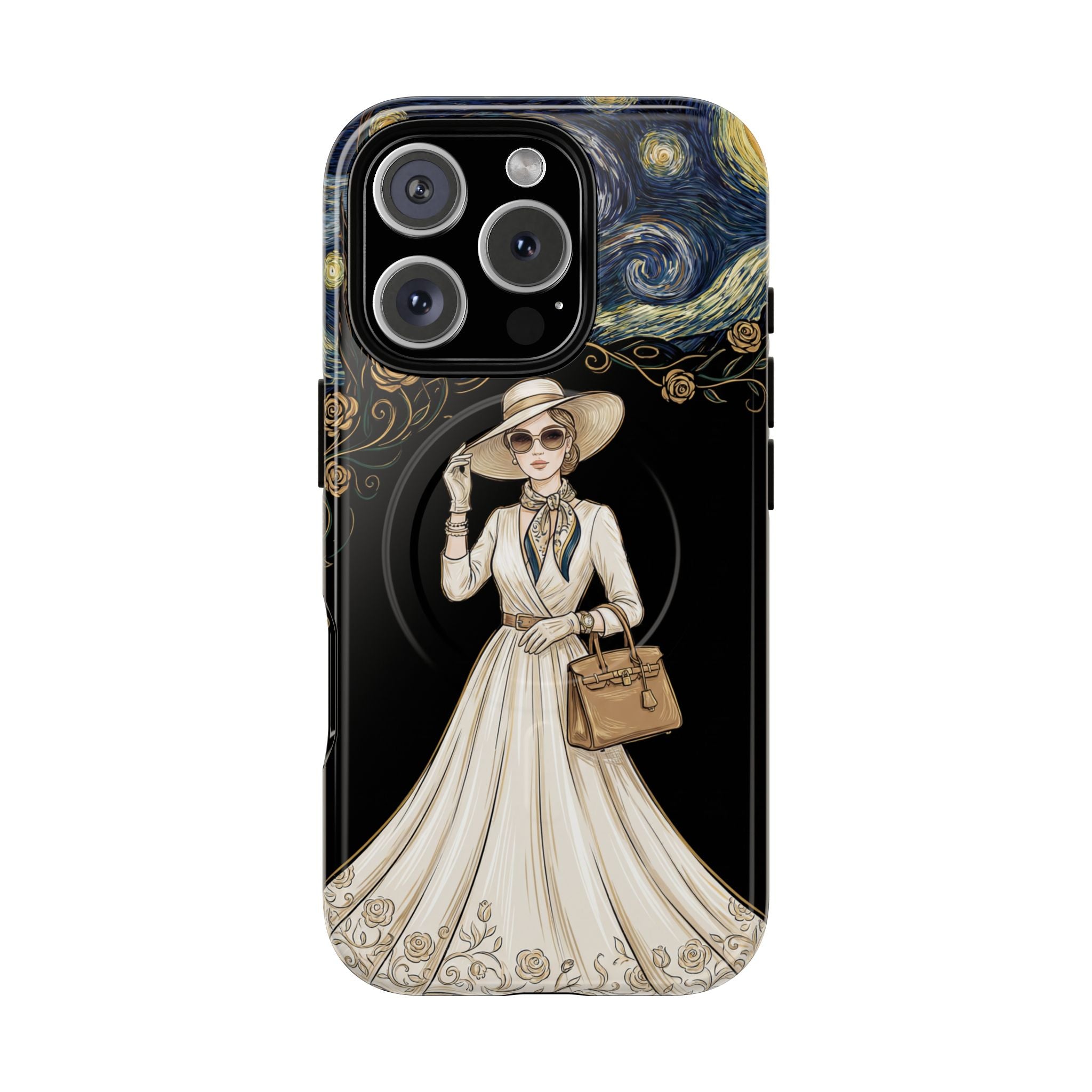 Vintage Starry Night Fashion MagSafe iPhone Case | Elegant Lady in White Dress