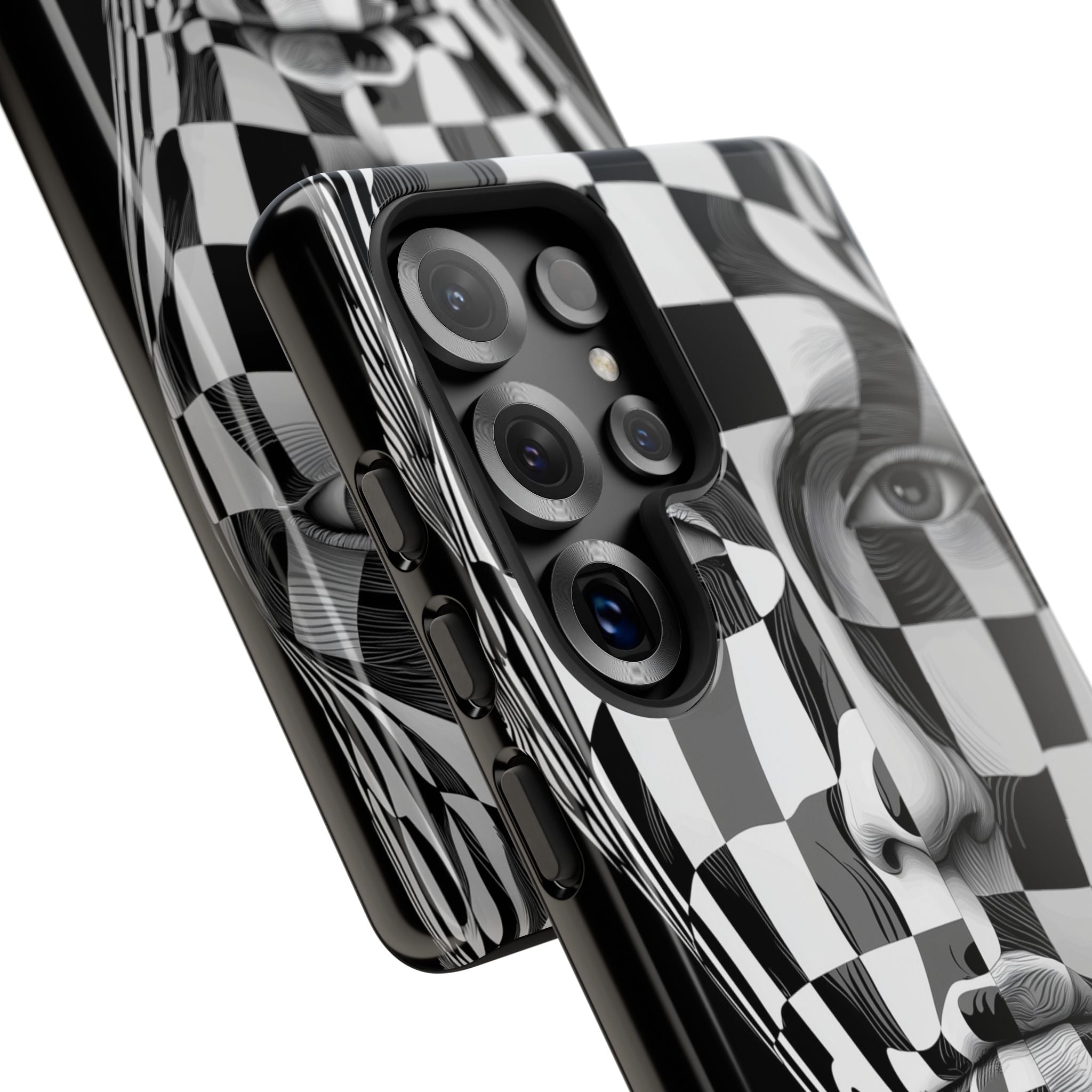 Checkerboard Face Tough Samsung Galaxy Case — Black & White Surreal Art Protective Cover