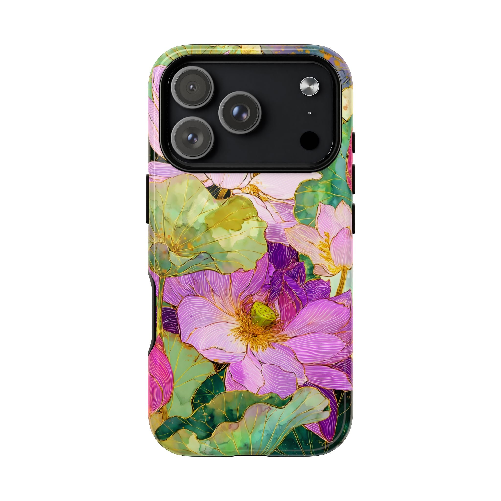 Floral Watercolor Tough MagSafe iPhone Case | Pink Lotus Garden Protective Cover