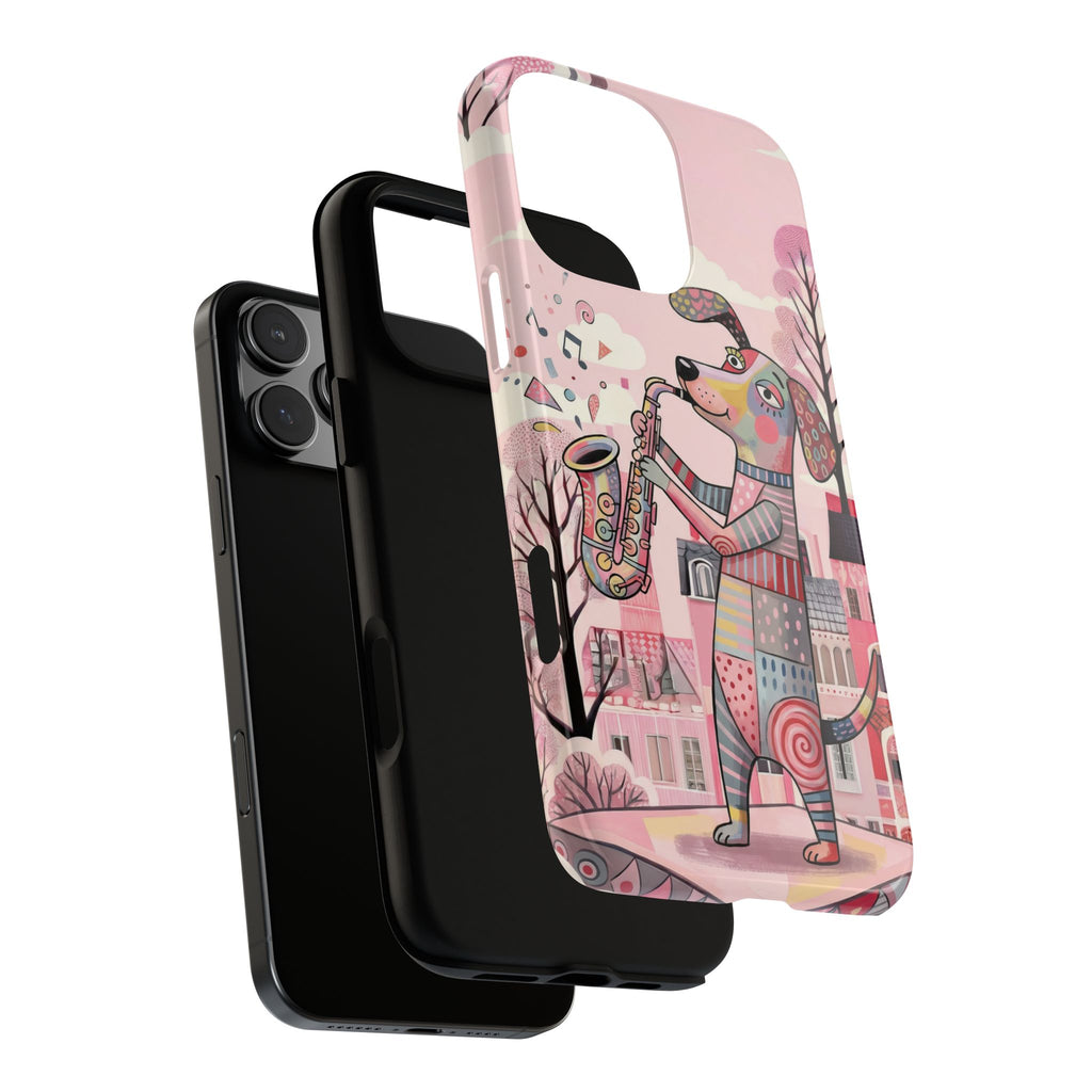 Saxophone Dog iPhone Case | Cute Pink Musical Art Protective Case
