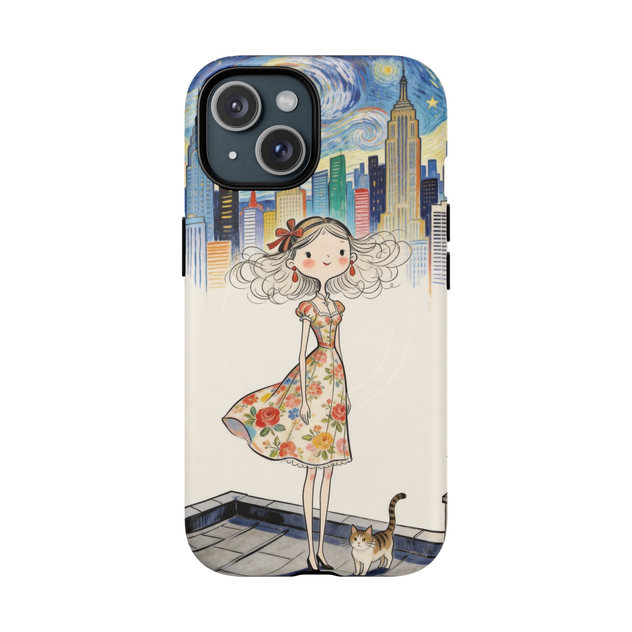 Artistic Girl Cityscape MagSafe iPhone Case | Cute Floral Dress Rooftop Design