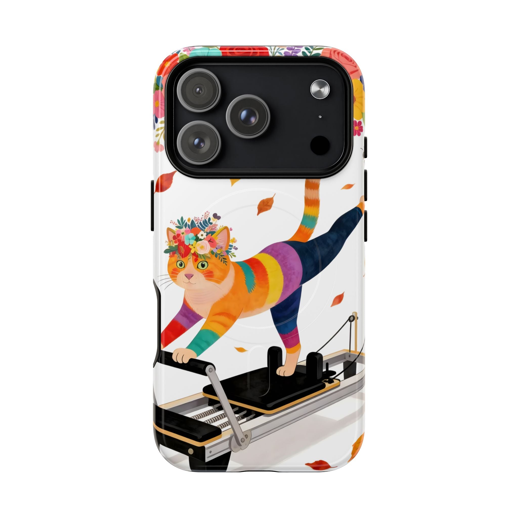 Cat Pilates MagSafe iPhone Case | Floral Rainbow Cat on Reformer