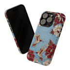 Custodia resistente per iPhone Colibrì floreale | Design botanico vintage blu e bordeaux