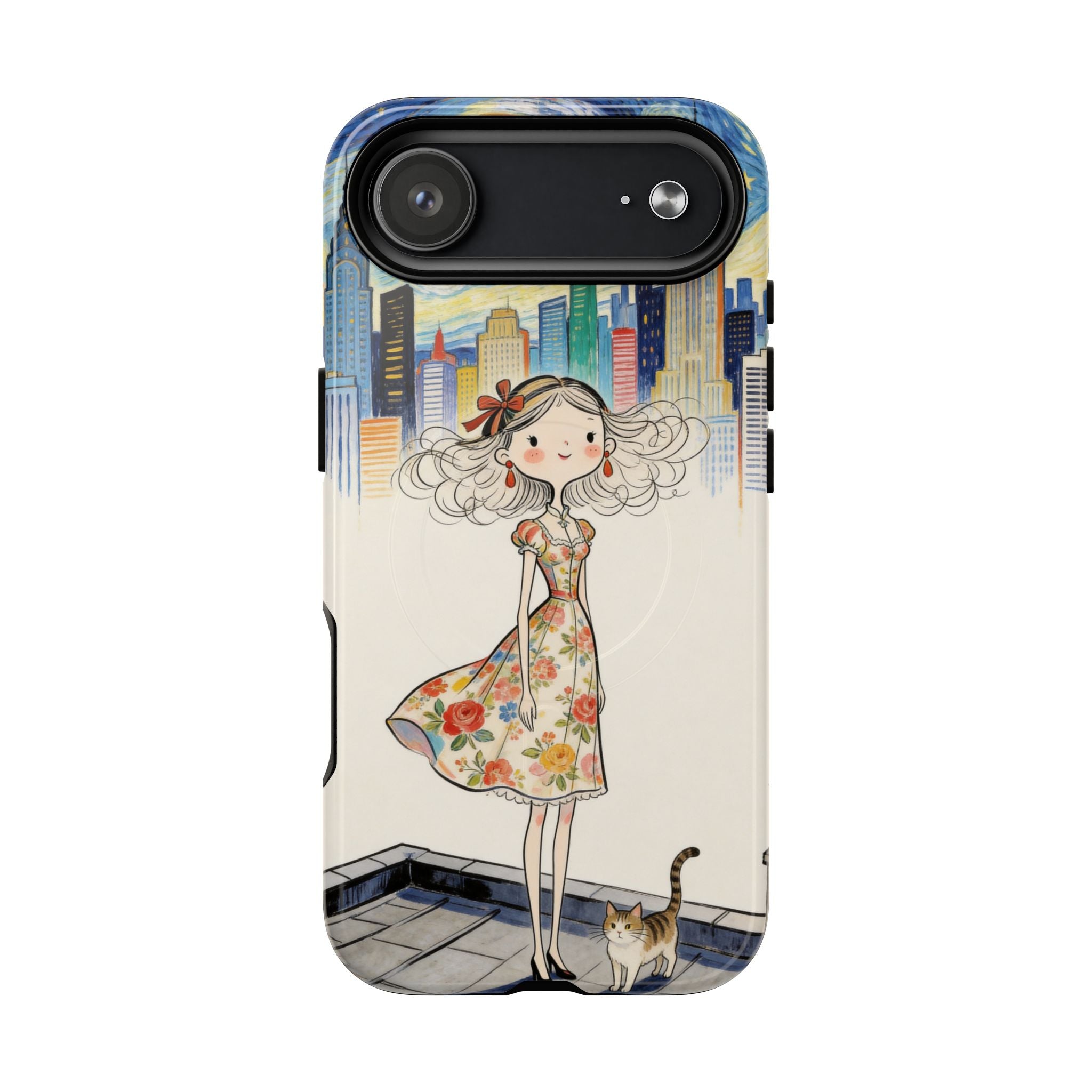 Artistic Girl Cityscape MagSafe iPhone Case | Cute Floral Dress Rooftop Design