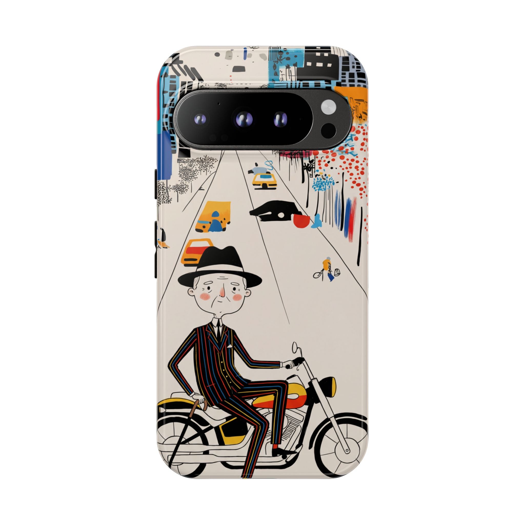 Vintage Grandpa Rider Motorcycle Google Pixel Phone Case | Illustrated Cityscape