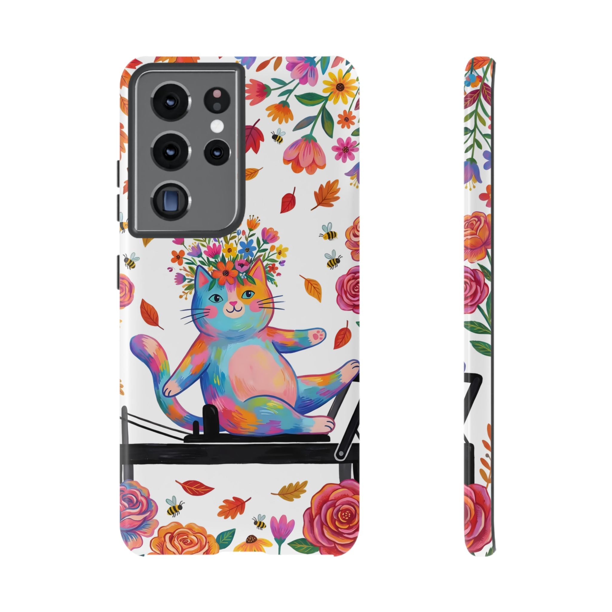 Colorful Floral Cat on Pilates Reformer Protective Samsung Galaxy Phone Case