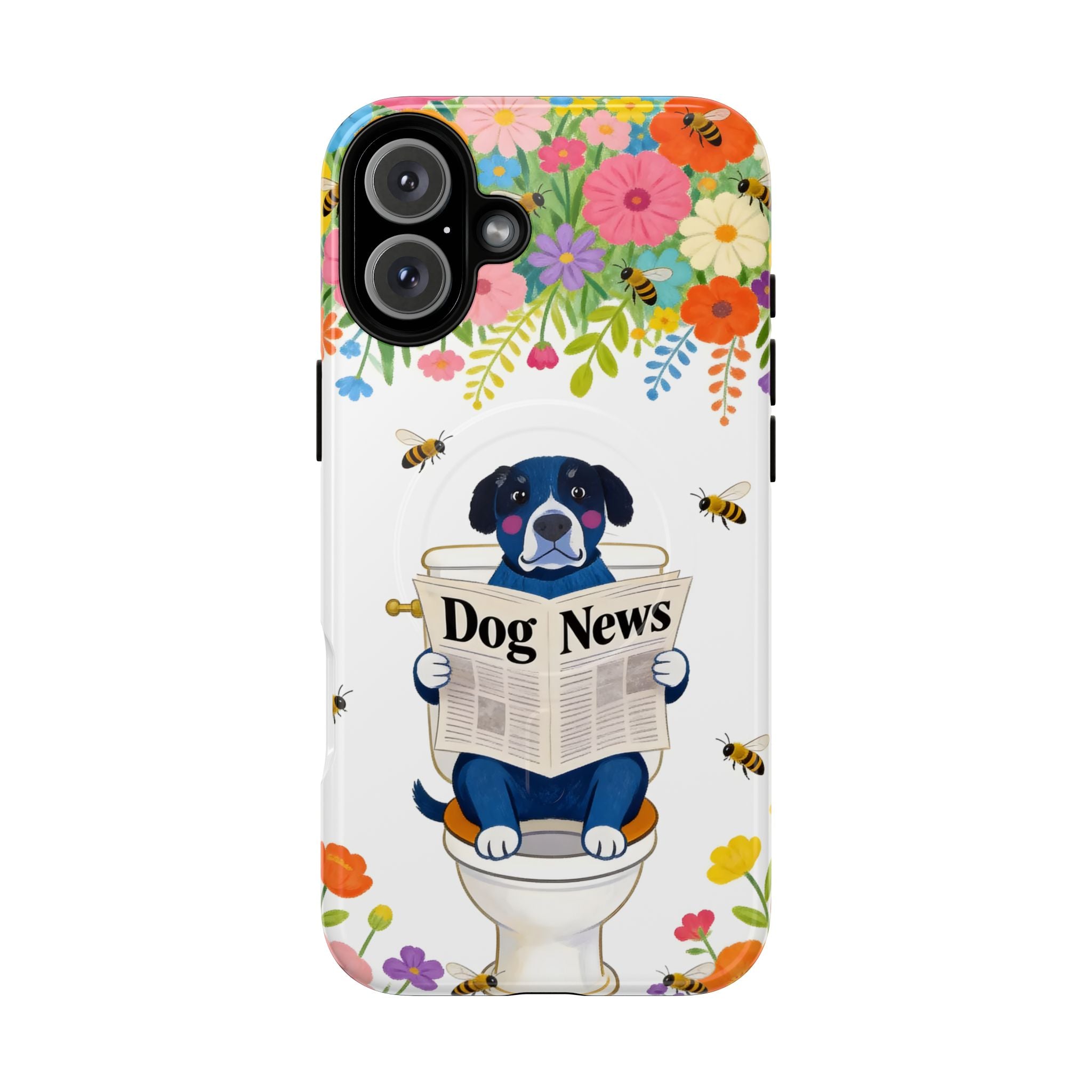 Dog News Floral MagSafe iPhone Case | Cute Dog on Toilet Pattern, Spring Floral iPhone Cover