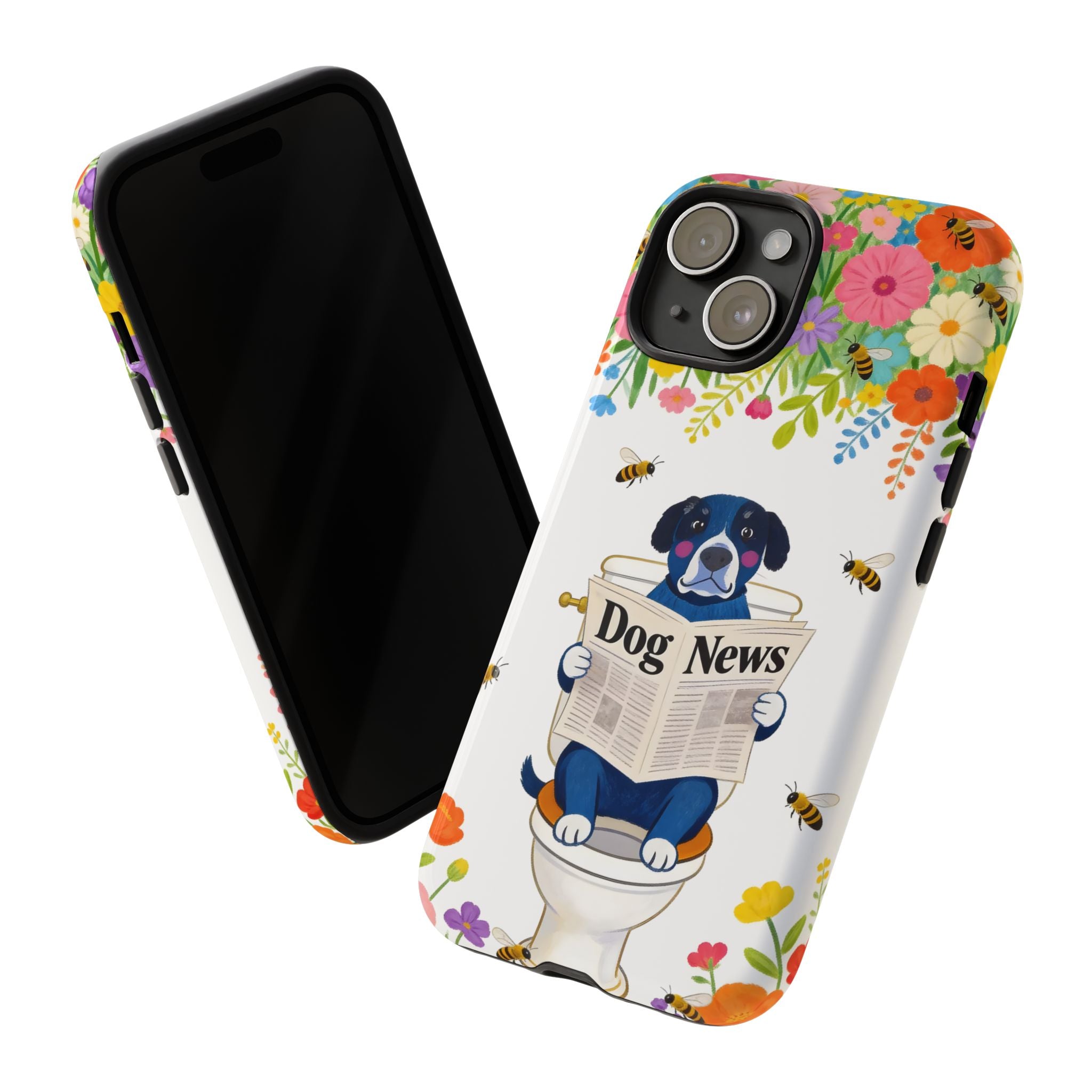 Dog News Floral iPhone Case | Cute Dog on Toilet Pattern, Spring Floral iPhone Cover