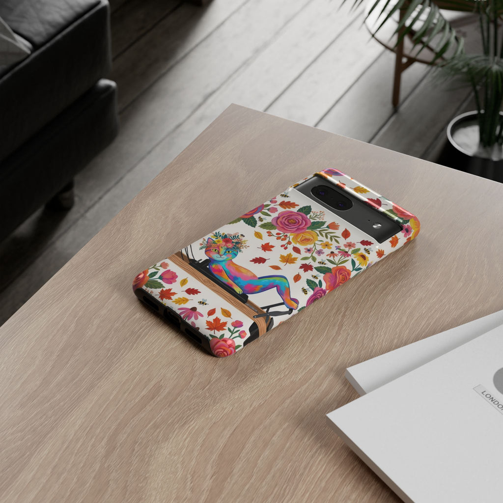 Autumn Floral Pilates Google Pixel Phone Case | Colorful Rainbow Pilates Cat on Falling Leaves