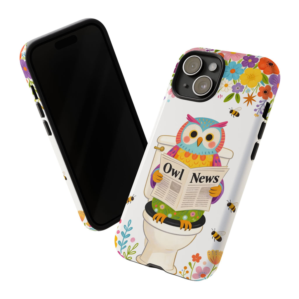 Owl News Floral iPhone Case | Cute Owl Reading Newspaper on Toilet