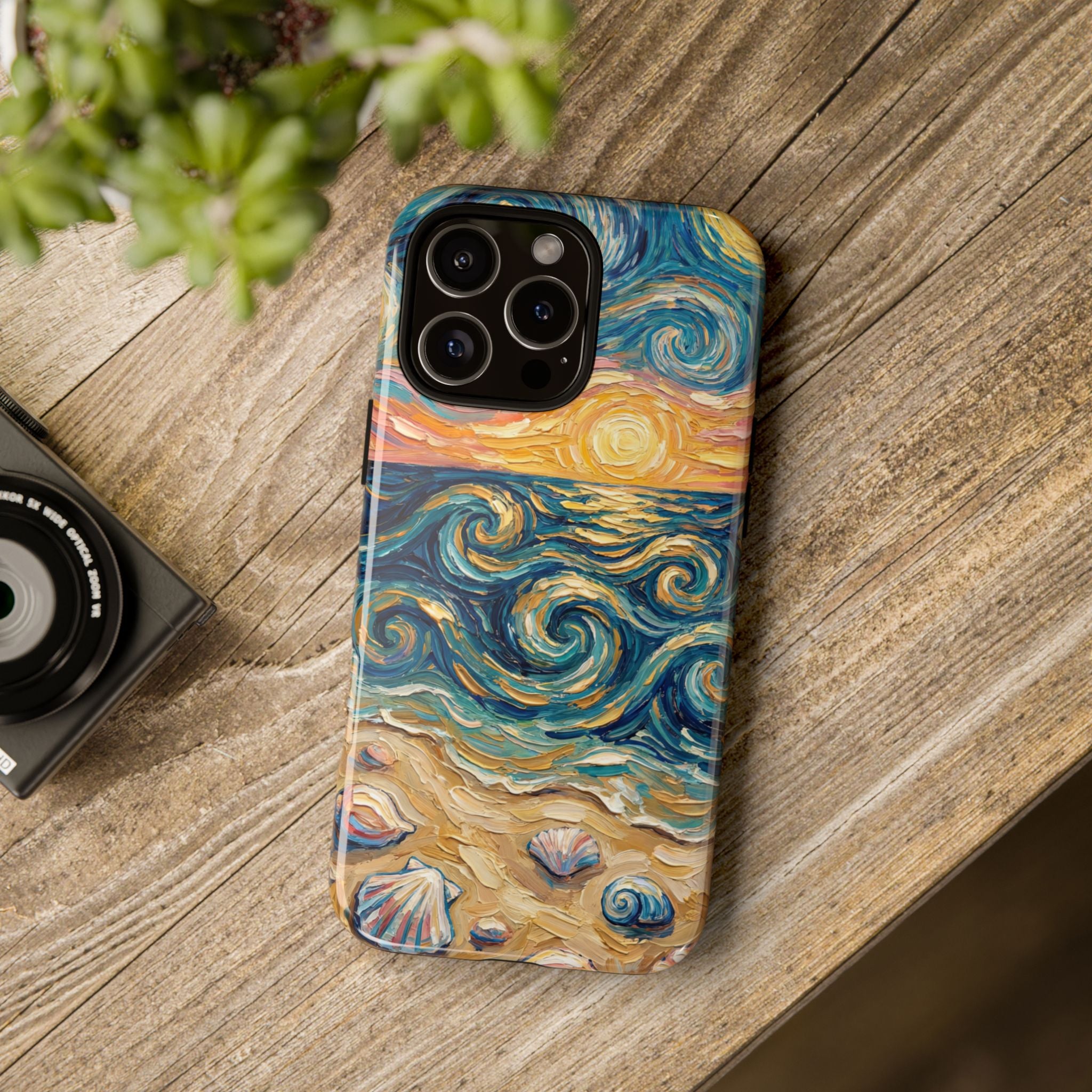 Sea Sunset iPhone Case — Van Gogh‑Style Beach Waves with Shells